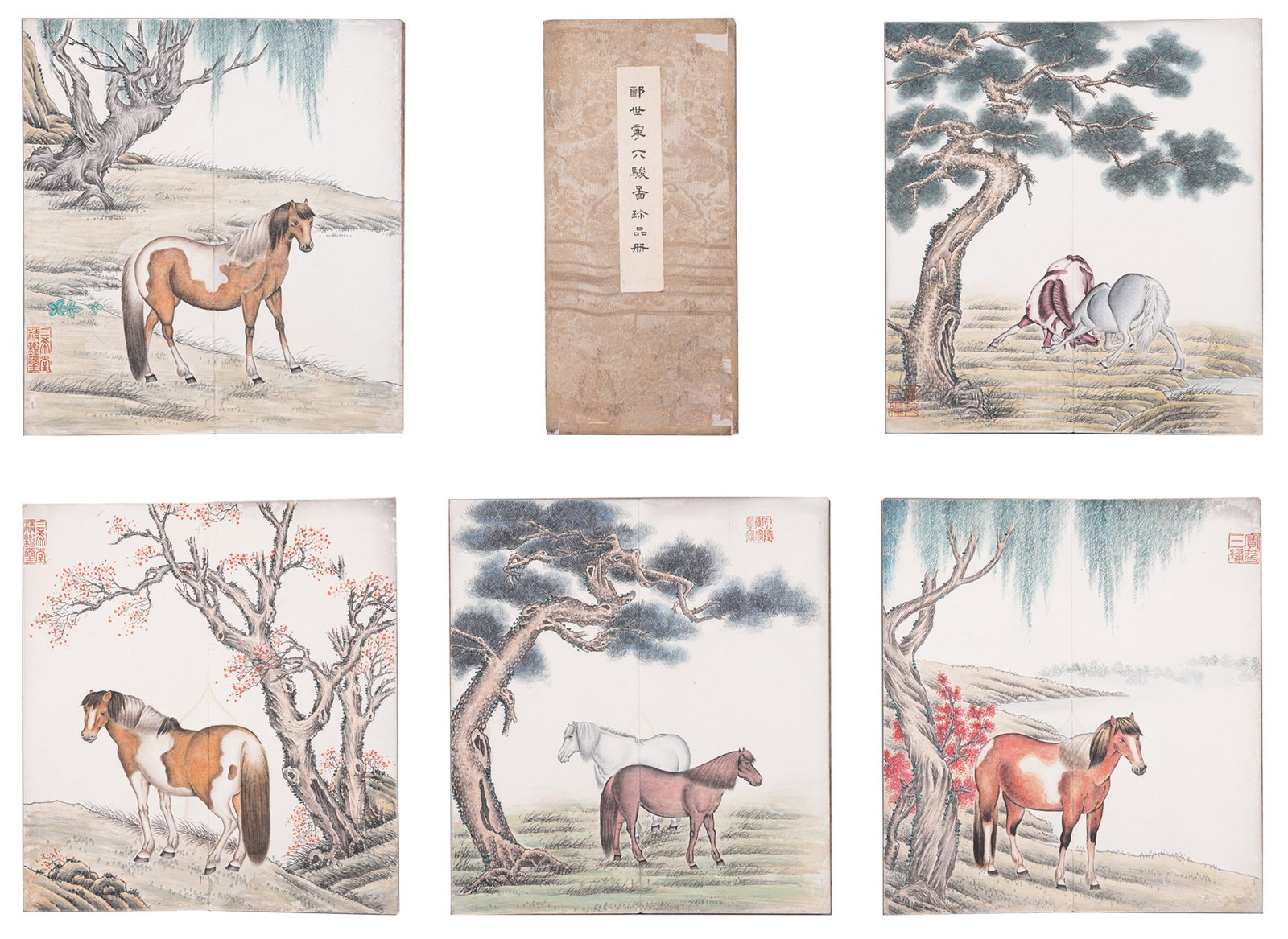 A ALBUM OF SIX STEEDS PAINTINGS ON PAPER BY GIUSEPPE CASTIGLIONE (5 LEAVES).郎世寧: Album of Six Steeds Paintings on Paper by Giuseppe Castiglione (5 Leaves).郎世寧