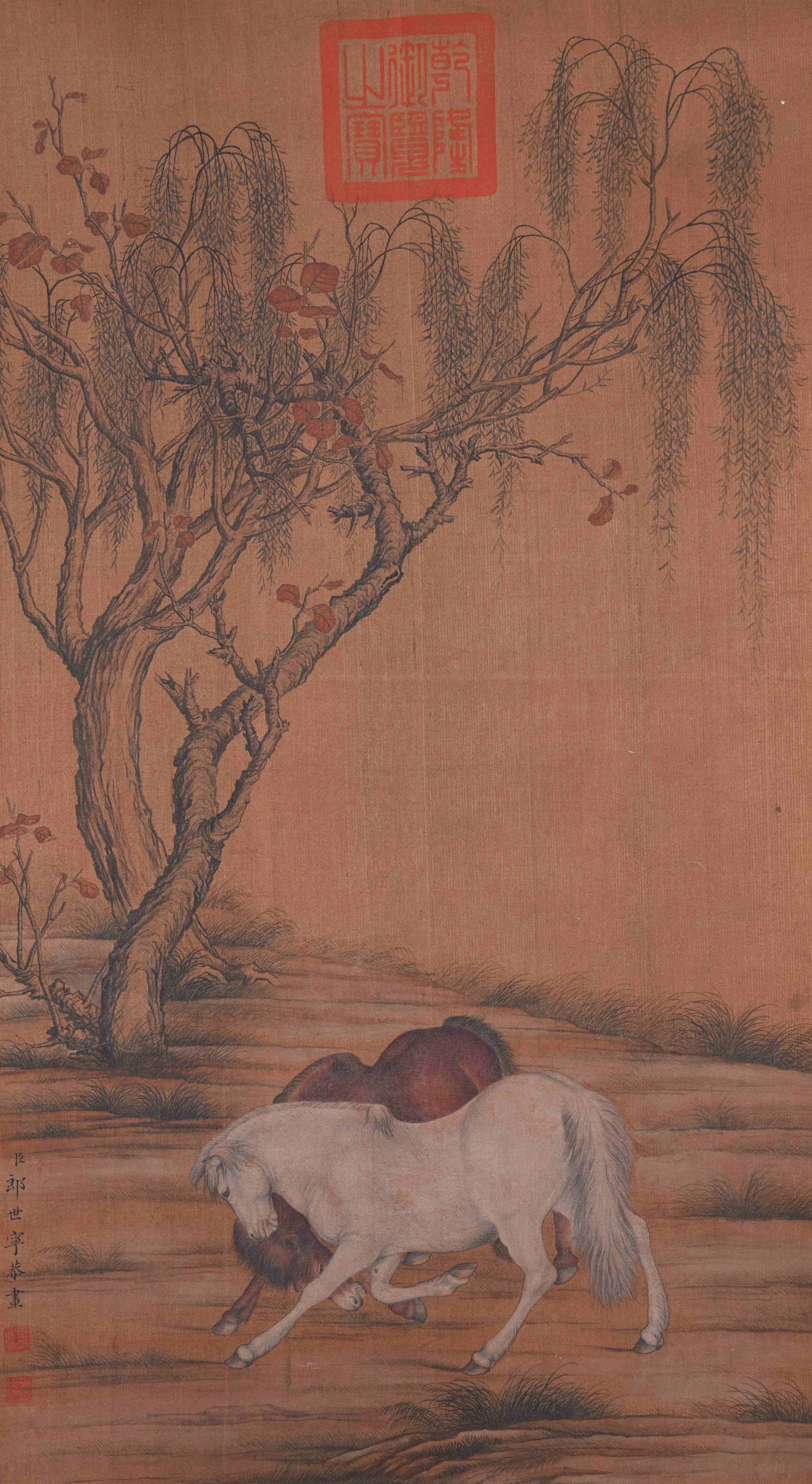 A TWO HORSES PAINTING ON SILK BY GIUSEPPE CASTIGLIONE.郎世寧: Two Horses Painting on Silk by Giuseppe Castiglione.郎世寧