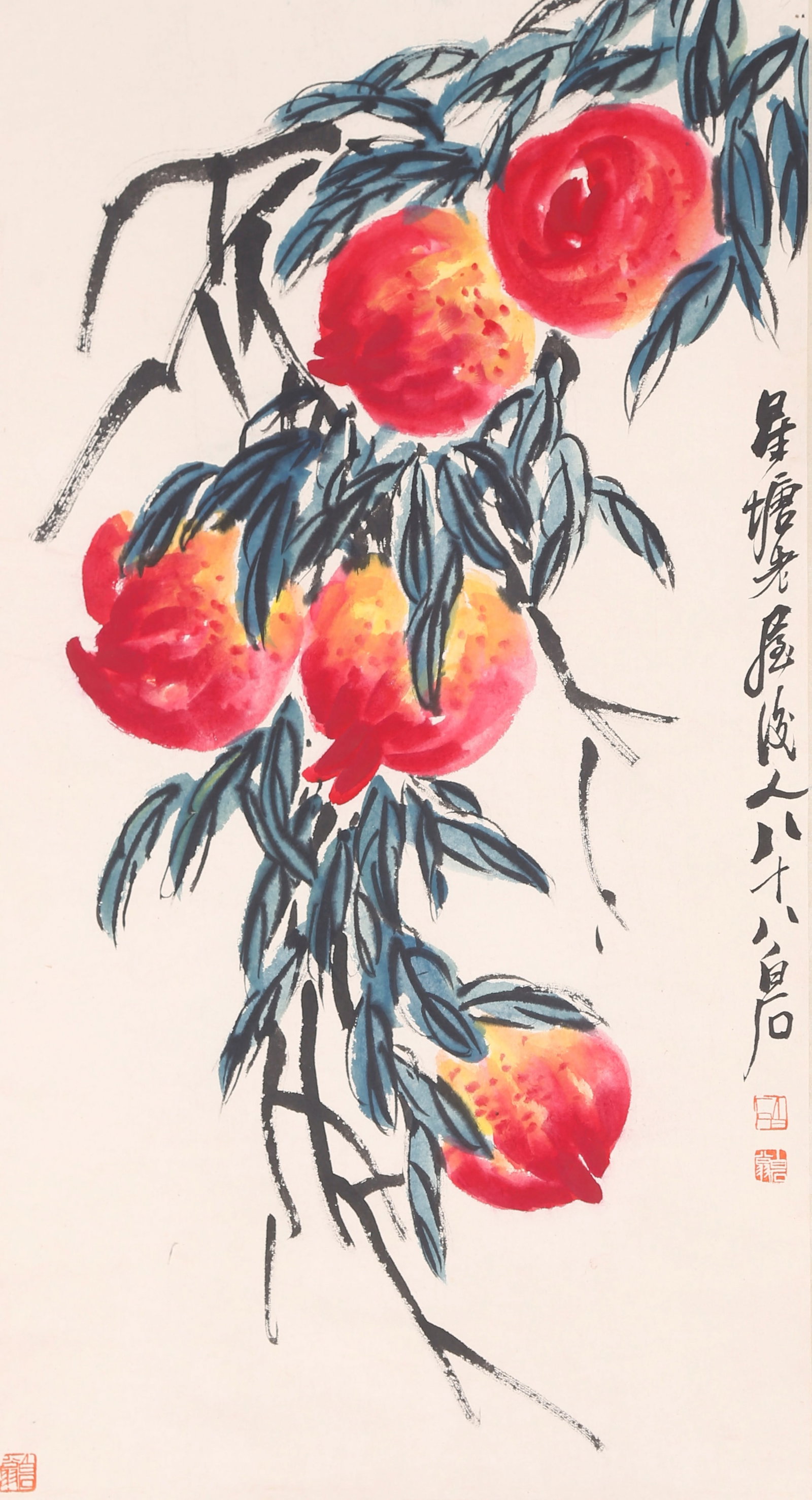 A PEACH OF LONGEVITY PAINTING ON PAPER BY QI BAISHI.齊白石: Peach of Longevity Painting on Paper by Qi Baishi.齊白石