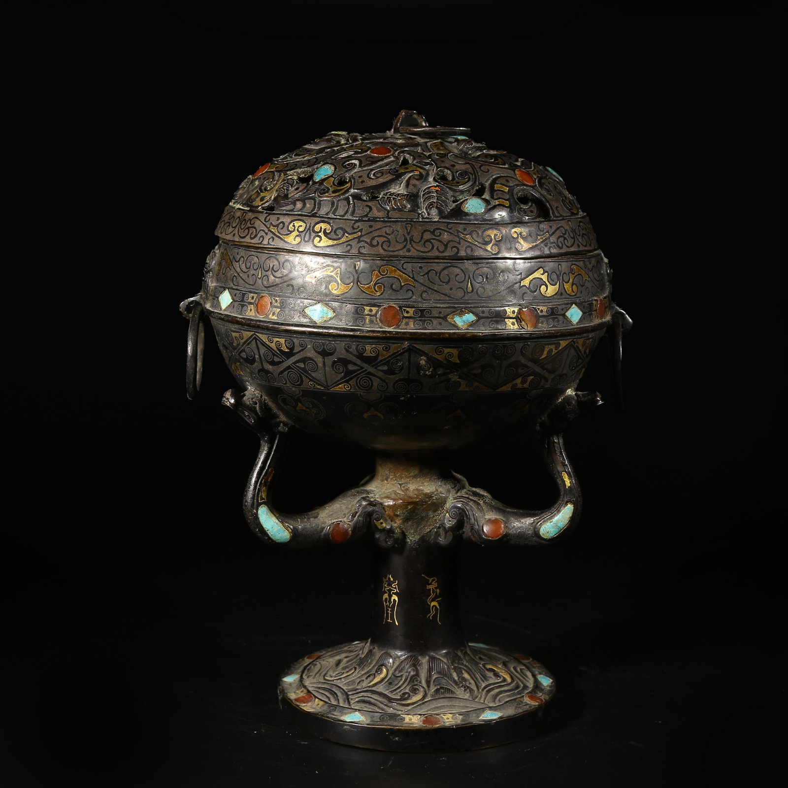 A GILT BRONZE CLOISONNÉ CENSER WITH CHI TIGER DESIGN INLAID WITH GEMSTONES: Gilt Bronze Cloisonné Censer with Chi Tiger Design Inlaid with Gemstones