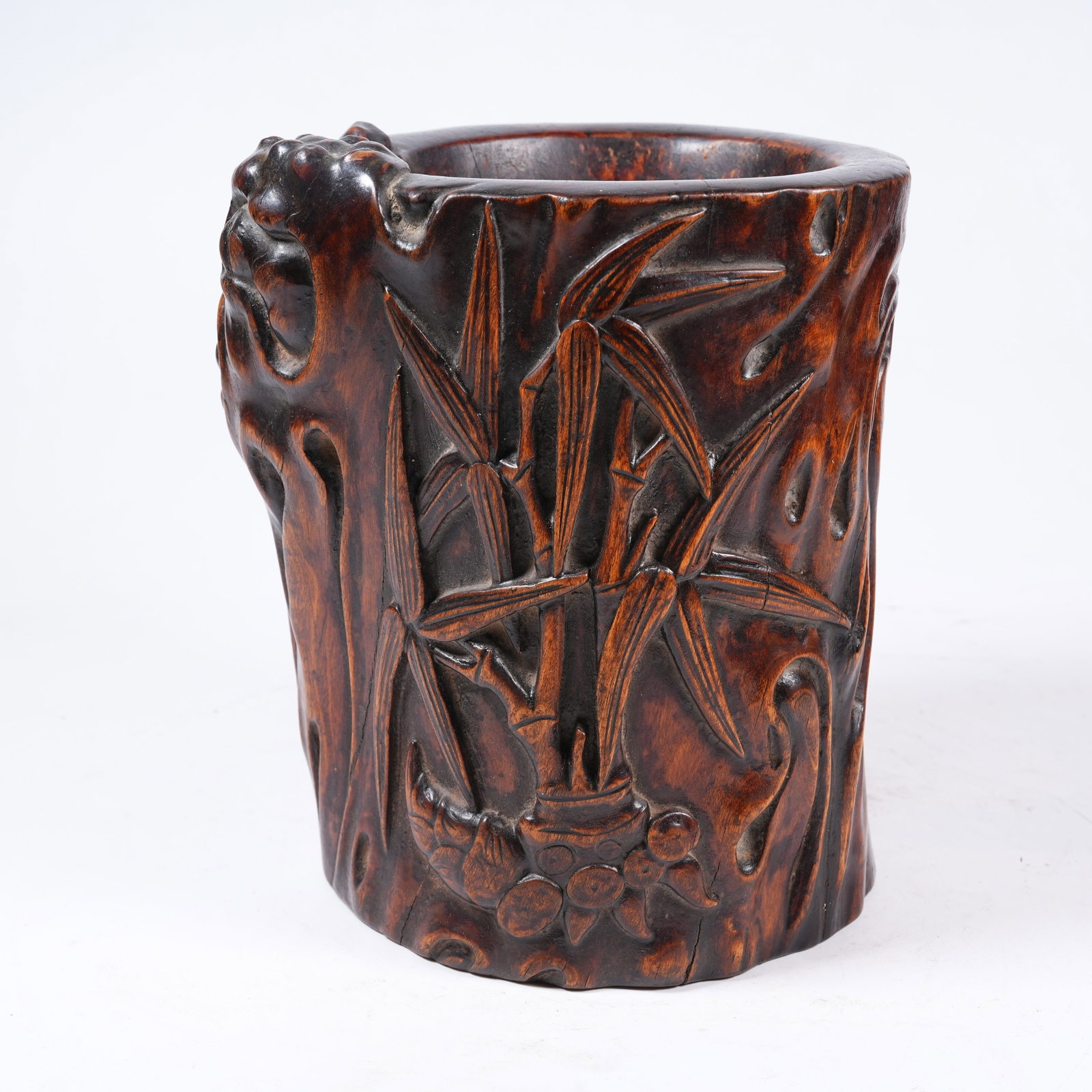 A HUANGHUALI WOOD BAMBOO PATTERN BRUSH POT: Huanghuali Wood Bamboo Pattern Brush Pot