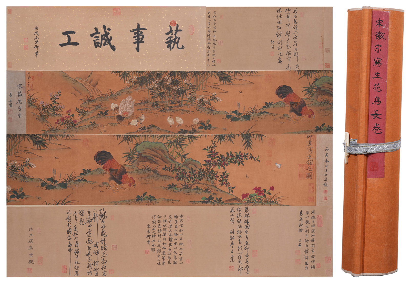 A HANDSCROLL OF FLOWER-AND-BIRD PAINTING ON SILK BY EMPEROR HUIZONG OF SONG.宋徽宗: Handscroll of Flower-and-Bird Painting on Silk by Emperor Huizong of Song.宋徽宗
