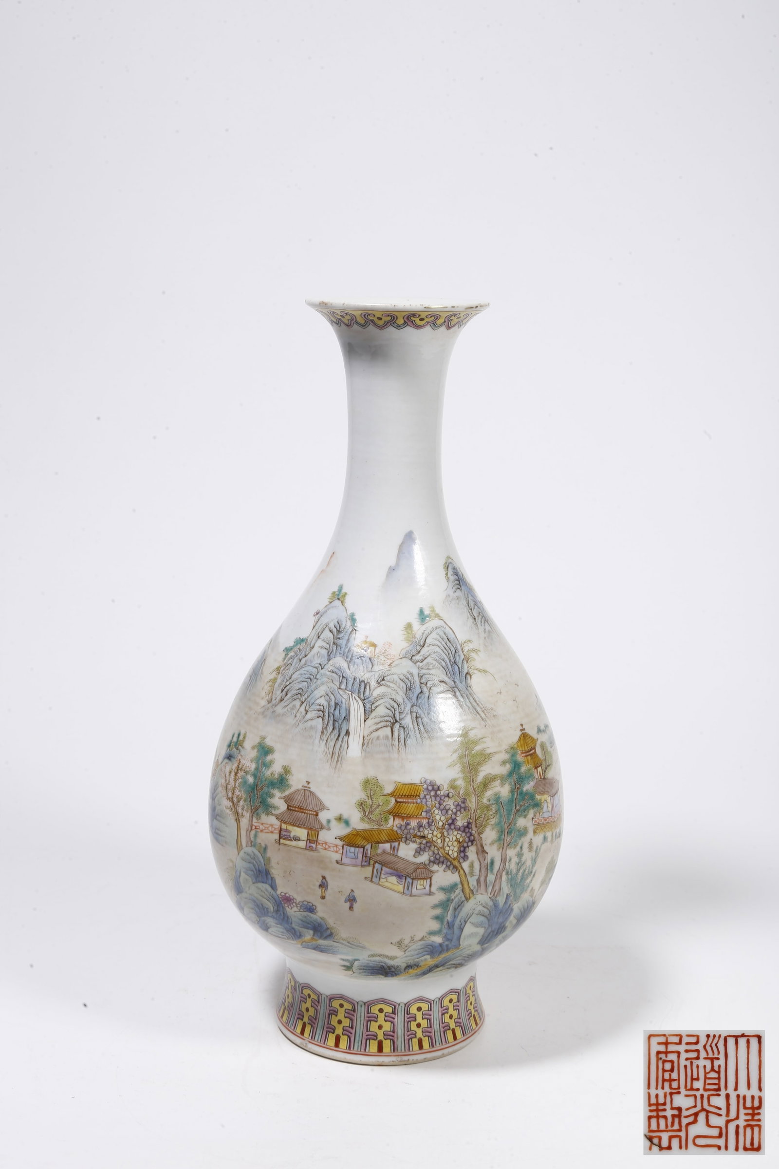 A FAMILLE ROSE PEAR-SHAPED VASE WITH LANDSCAPE PATTERNS: Famille Rose Pear-shaped Vase with Landscape Patterns