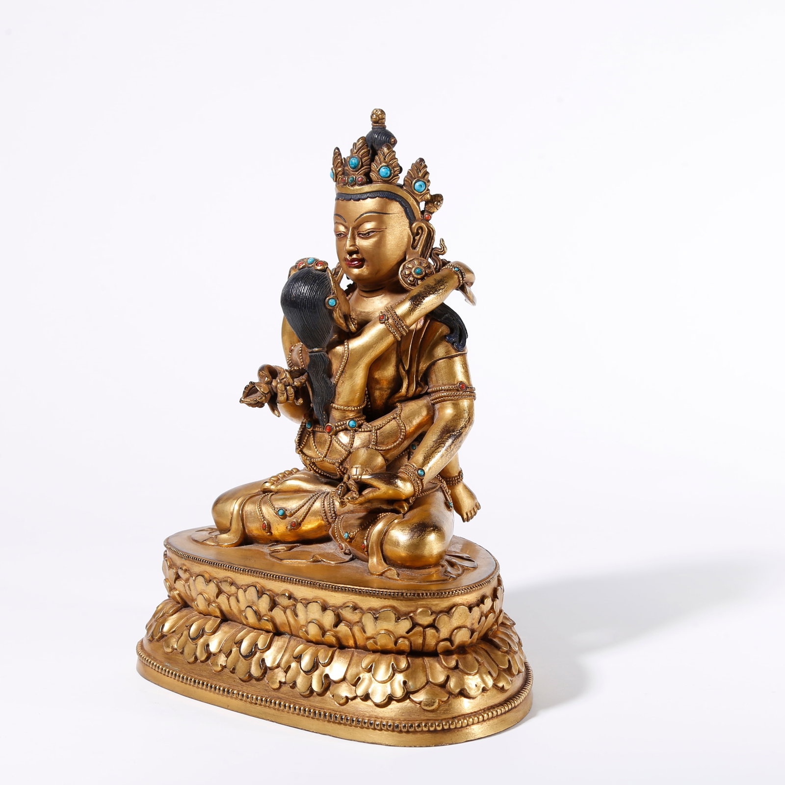 A GILT BRONZE YAB-YUM STATUE OF VAJRASATTVA: Gilt Bronze Yab-Yum Statue of Vajrasattva
