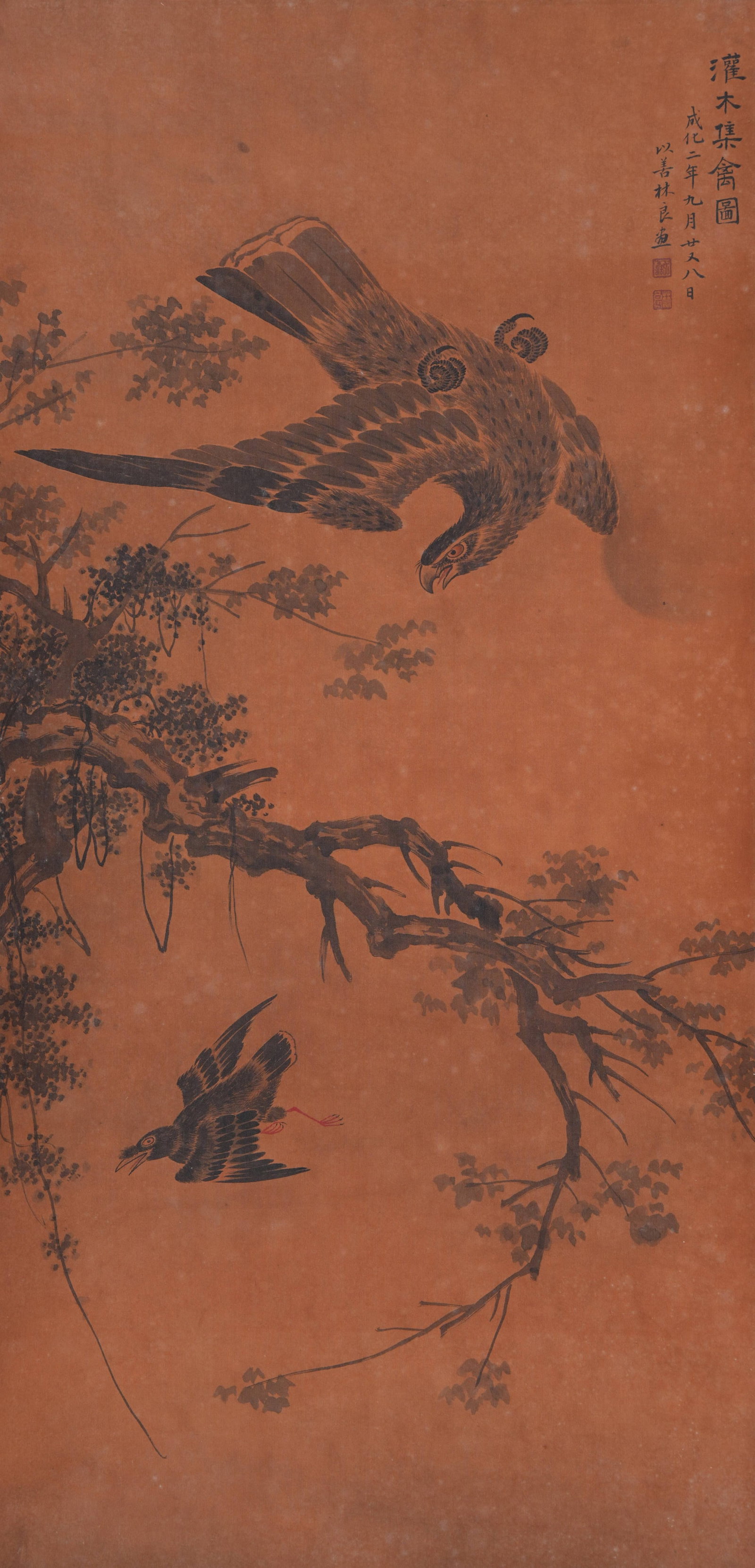 A BIRDS AMID SHRUBS PAINTING ON SILK BY LIN LIANG.林良: Birds amid Shrubs Painting on Silk by Lin Liang.林良