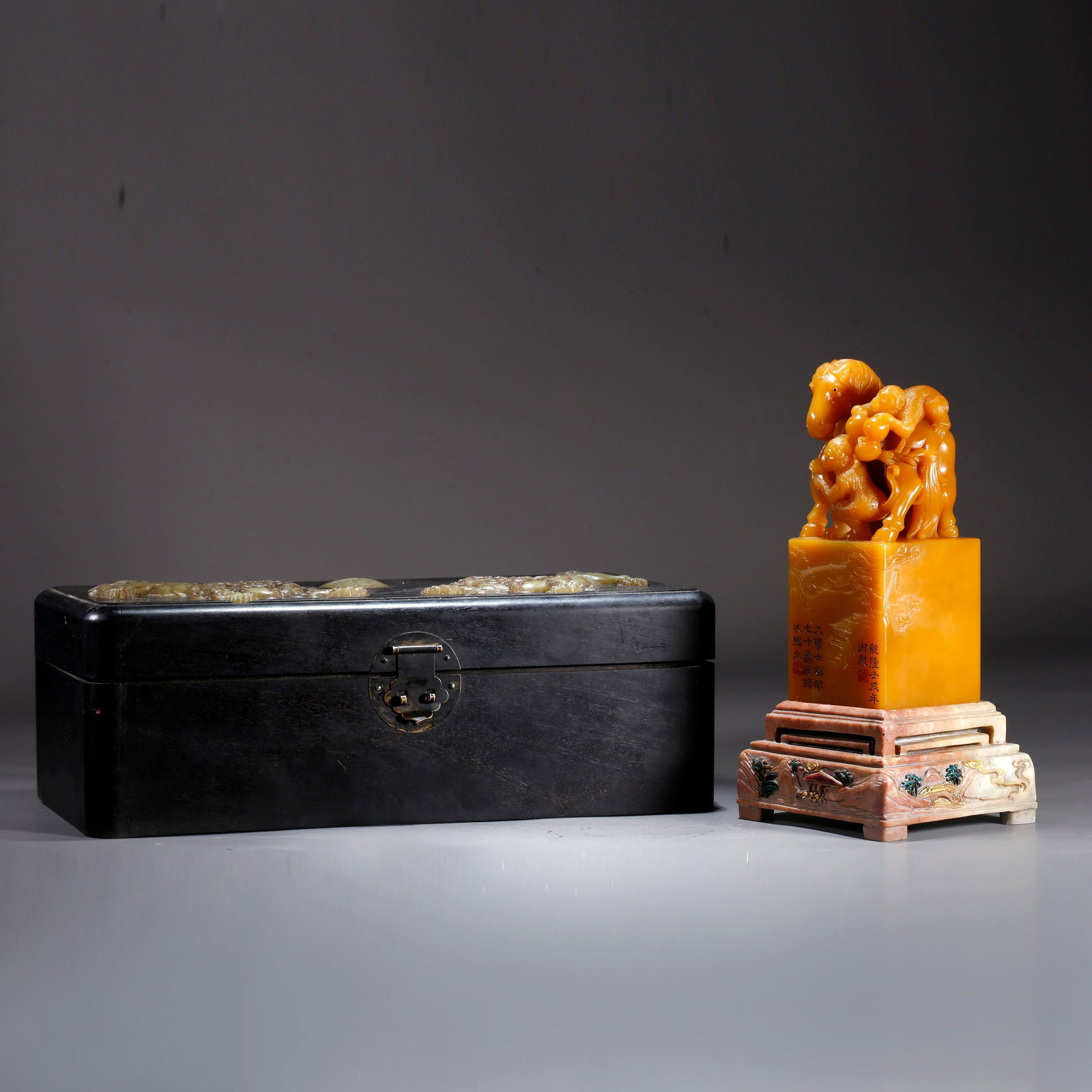 A SEAL WITH IMMEDIATE PROMOTION MOTIF KNOB CARVED FROM SHOUSHAN TIANHUANG STONE: Seal with Immediate Promotion Motif Knob Carved from Shoushan Tianhuang Stone