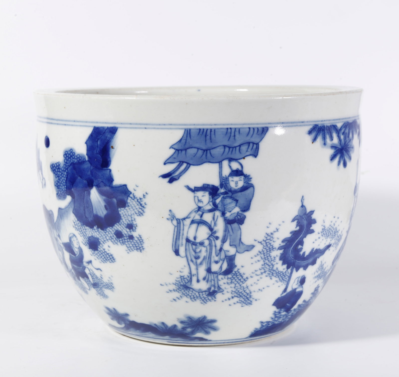 A BLUE AND WHITE VAT WITH FIGURE AND STORY PATTERNS: Blue and White Vat with Figure and Story Patterns