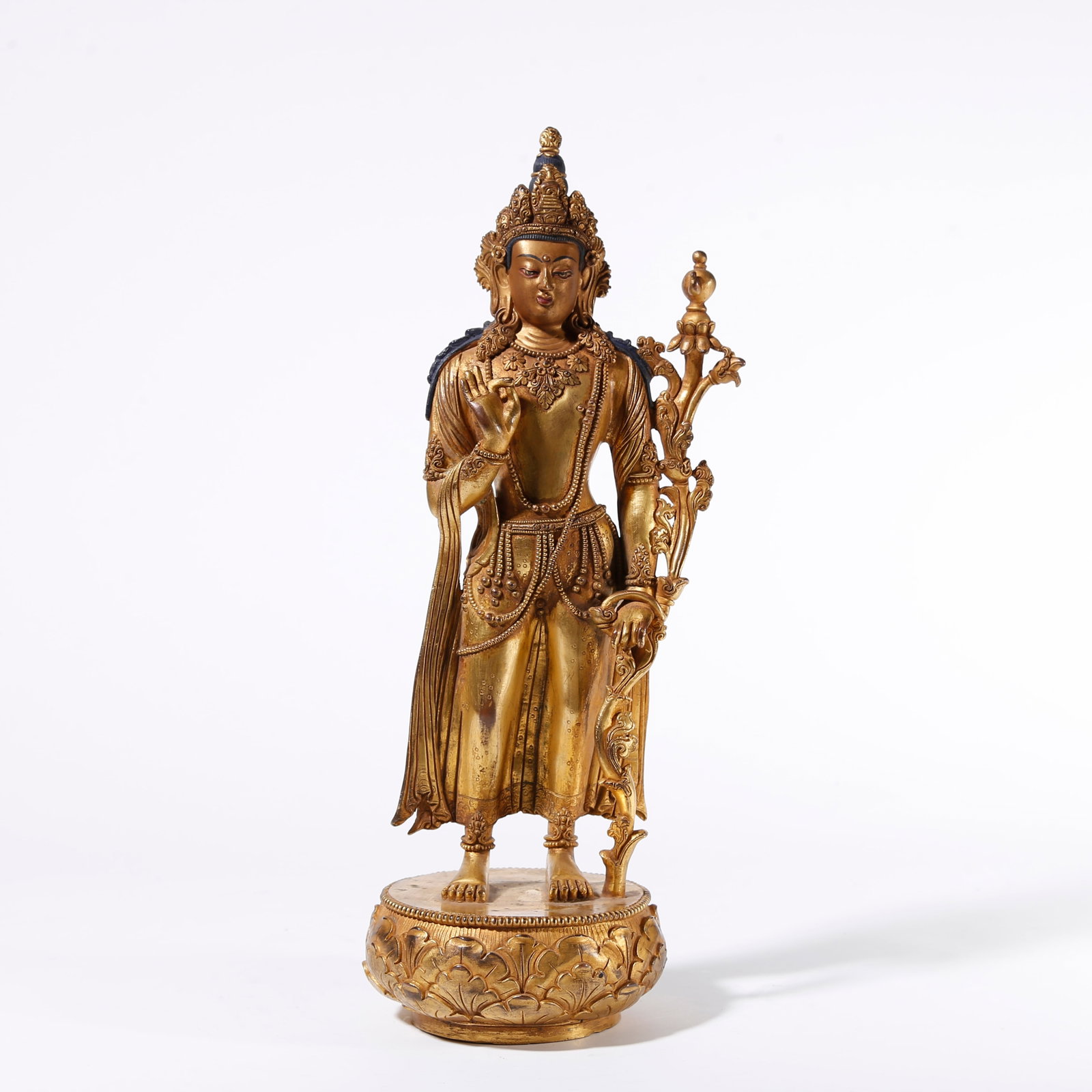 A GILT BRONZE STANDING STATUE OF MAITREYA BODHISATTVA: Gilt Bronze Standing Statue of Maitreya Bodhisattva