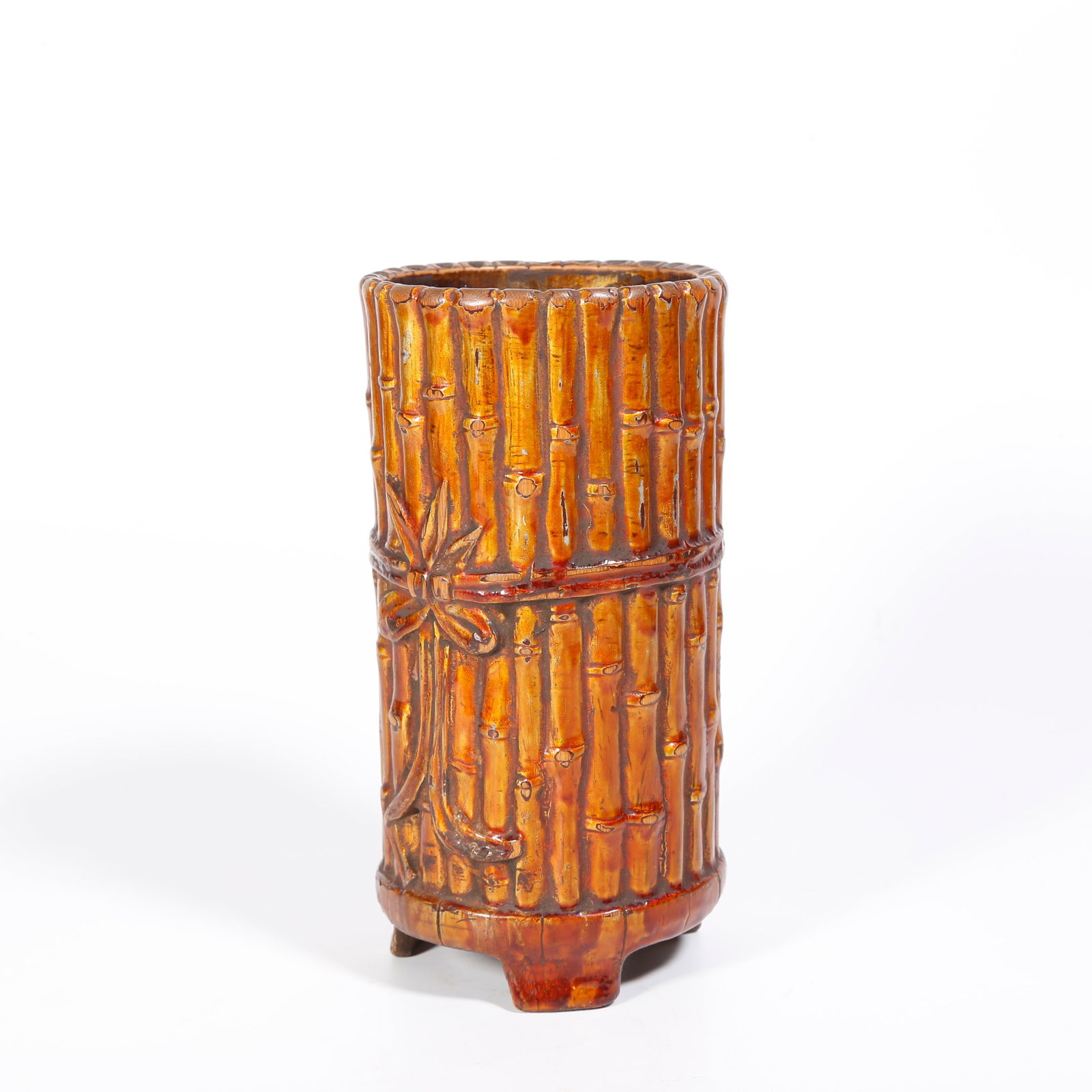 A THREE-LEGGED BAMBOO CARVED BRUSH POT: Three-legged Bamboo Carved Brush Pot