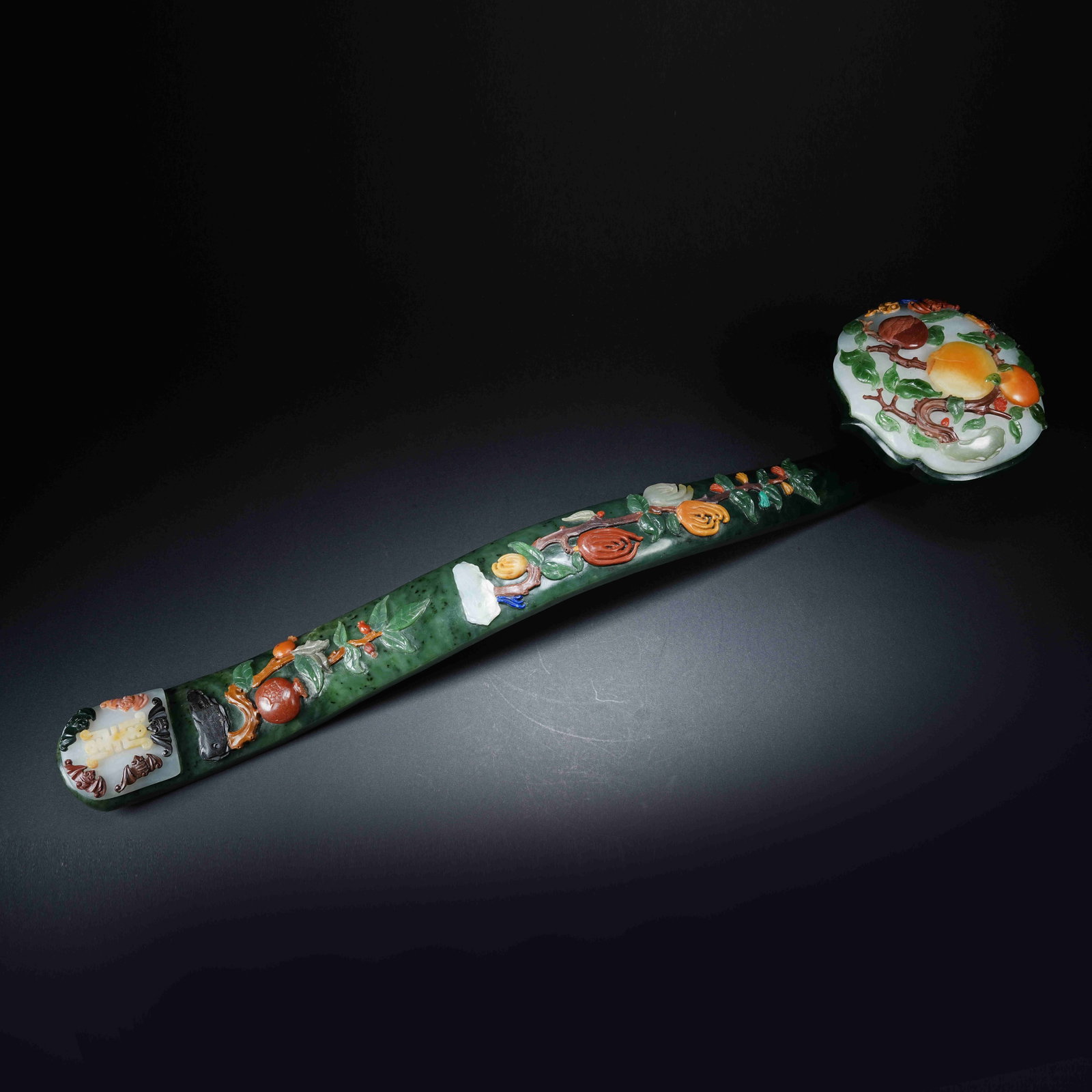 A HETIAN JASPER RUYI INLAID WITH HUNDRED TREASURES OF FORTUNE, LONGEVITY AND BLESSING: Hetian Jasper Ruyi Inlaid with Hundred Treasures of Fortune, Longevity and Blessing