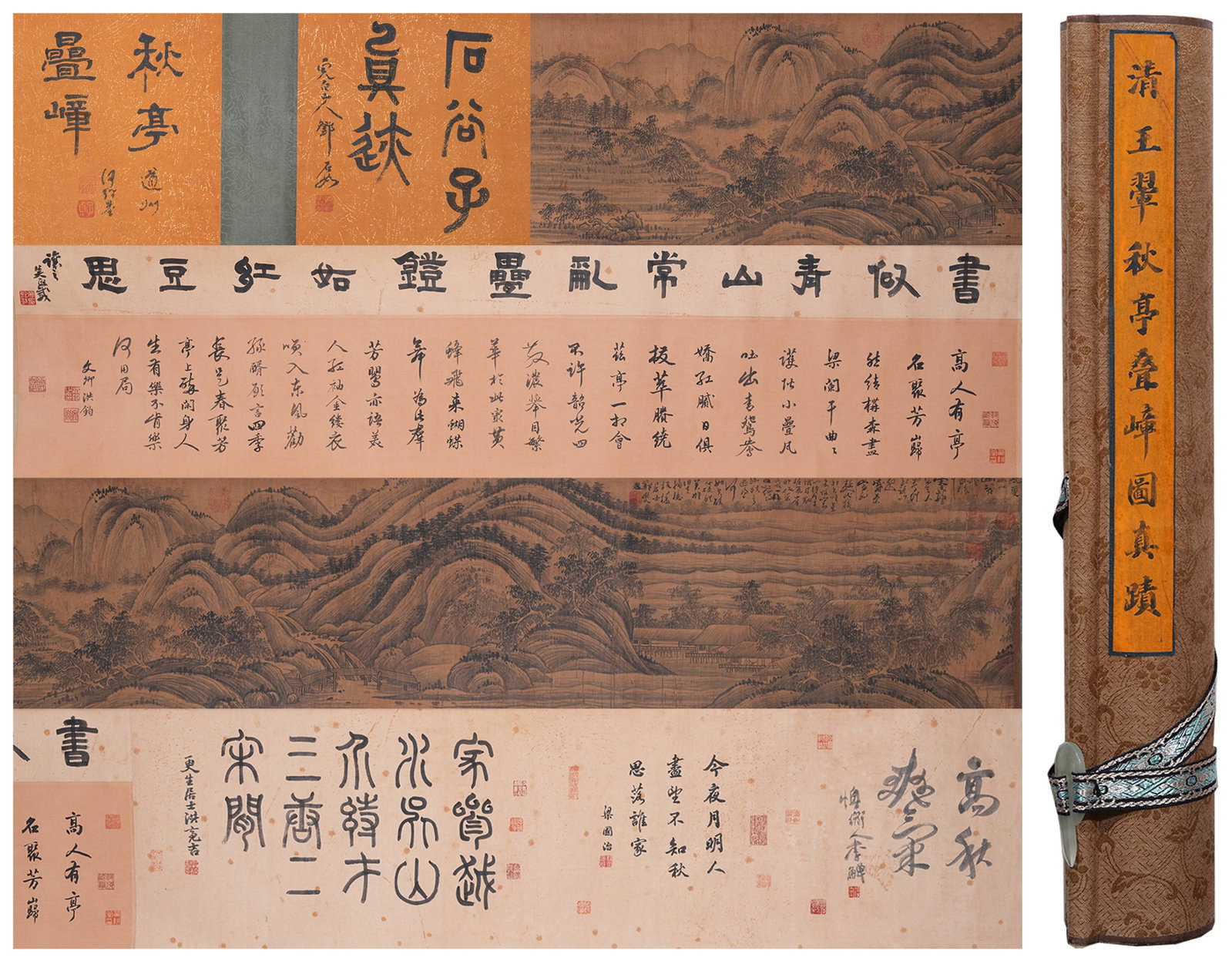 A HAND SCROLL OF PAVILIONS AND LAYERED PEAKS IN AUTUMN ON SILK BY WANG HUI.王翚: Hand Scroll of Pavilions and Layered Peaks in Autumn on Silk by Wang Hui.王翚