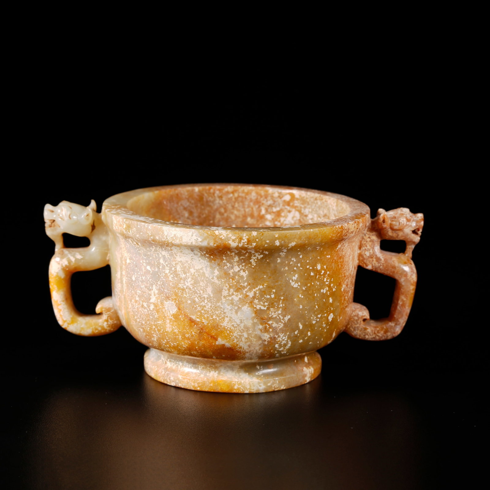 A ANCIENT JADE DOUBLE-DRAGON EAR CUP: Ancient Jade Double-dragon Ear Cup