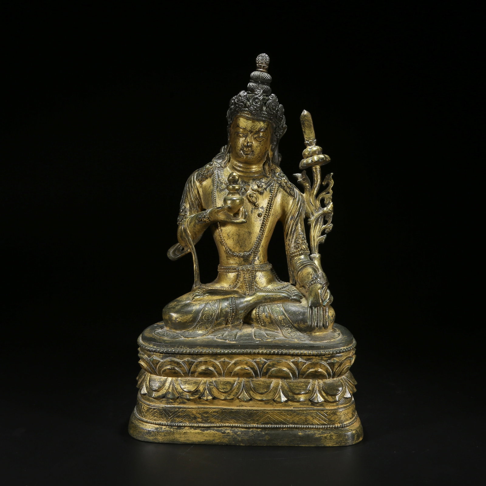 A BRONZE GILDED STATUE OF MANJUSHRI BODHISATTVA: Bronze Gilded Statue of Manjushri Bodhisattva