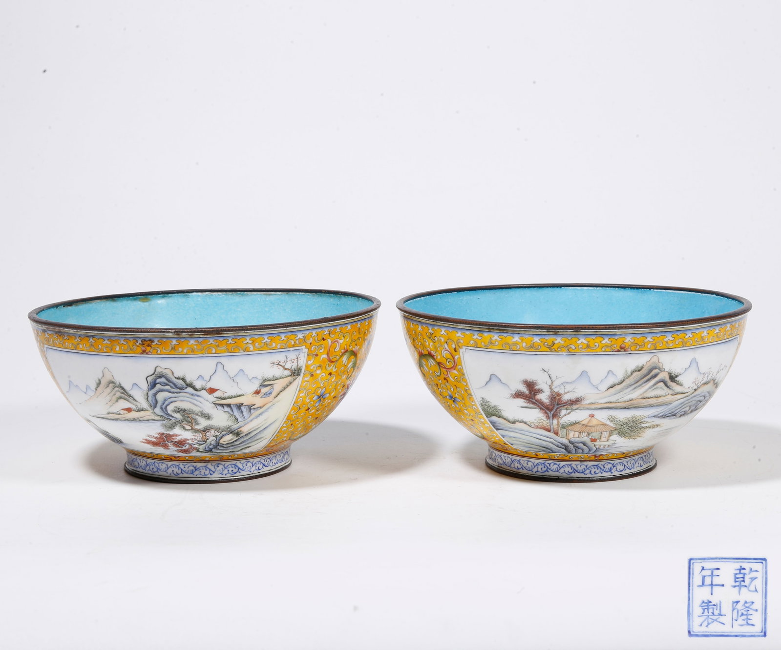 A CLOISONNE BOWL WITH LANDSCAPE AND FIGURE PATTERNS (PAIR) (1 of 9)