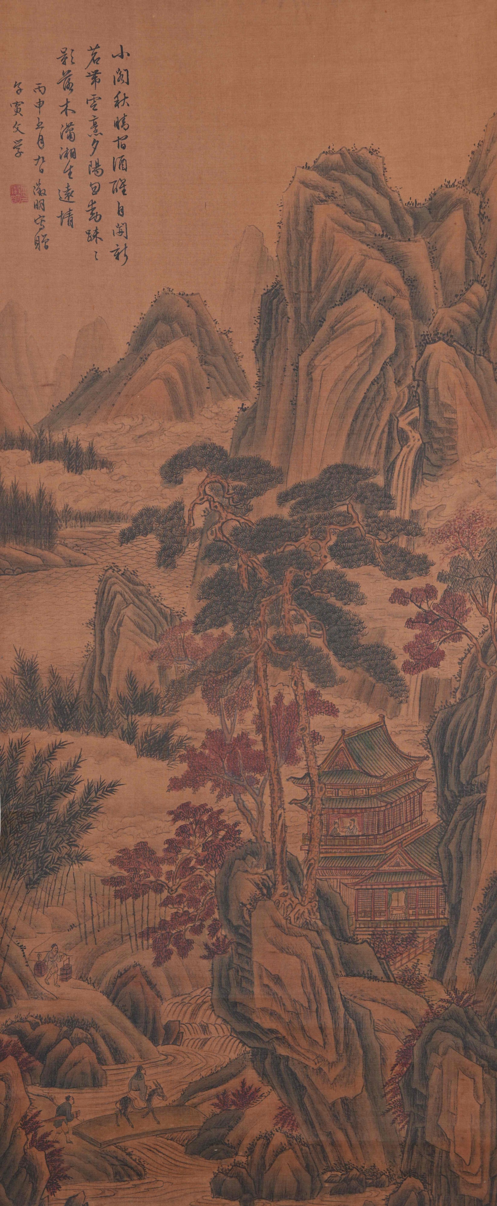 A LANDSCAPE AND PAVILIONS PAINTING ON SILK BY WEN ZHENGMING.文徵明: Landscape and Pavilions Painting on Silk by Wen Zhengming.文徵明