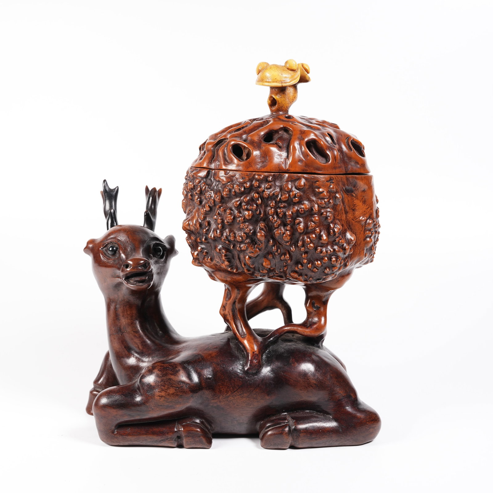 A HUANGHUALI WOOD INCENSE BURNER WITH SPIRIT DEER CARRYING TRIPOD DESIGN (1 of 9)