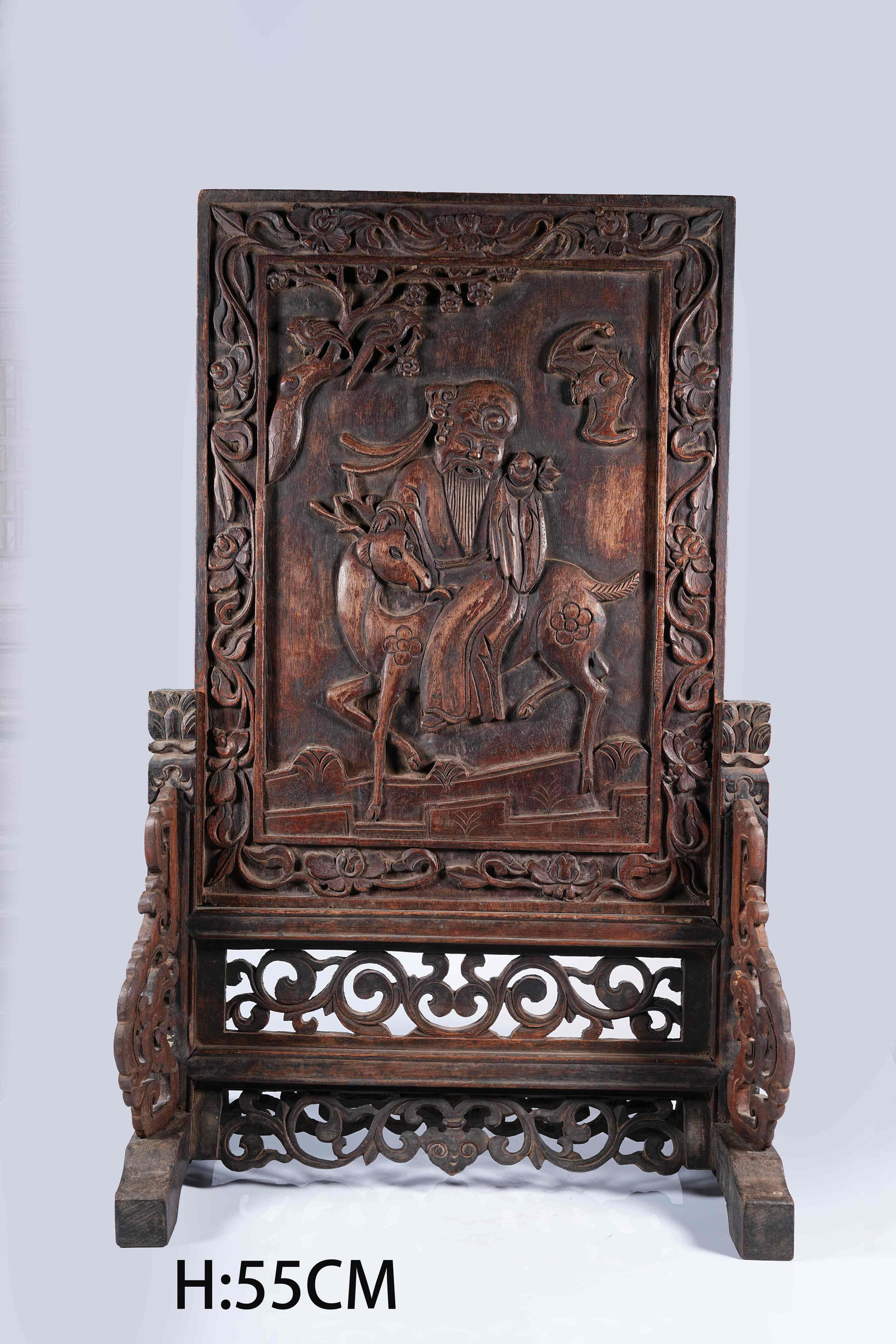 A HUANGHUALI WOOD TABLE SCREEN WITH GOD OF LONGEVITY PATTERN: Huanghuali Wood Table Screen with God of Longevity Pattern