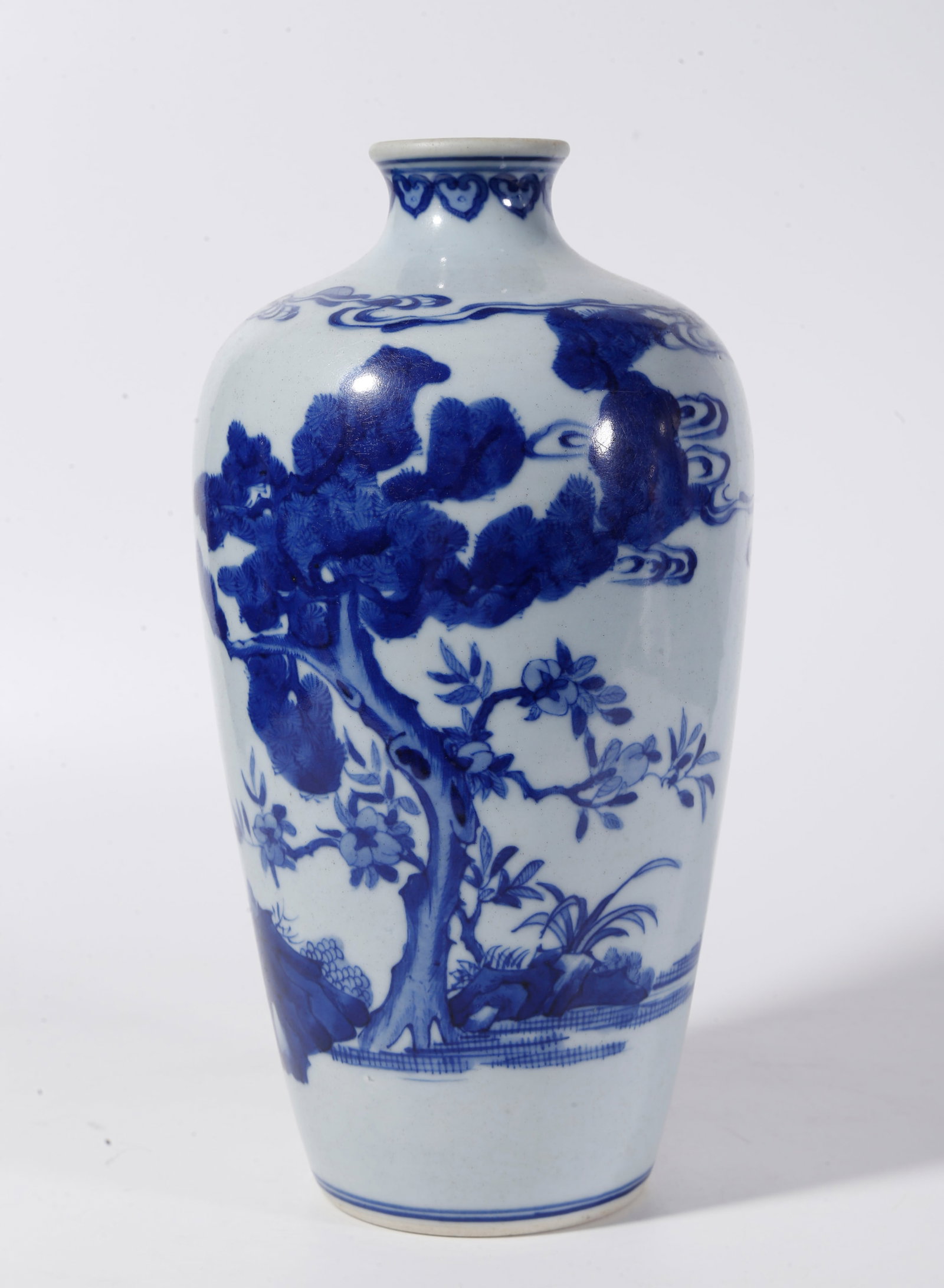 A BLUE AND WHITE APPRECIATION VASE WITH PINE AND DEER PATTERNS: Blue and White Appreciation Vase with Pine and Deer Patterns