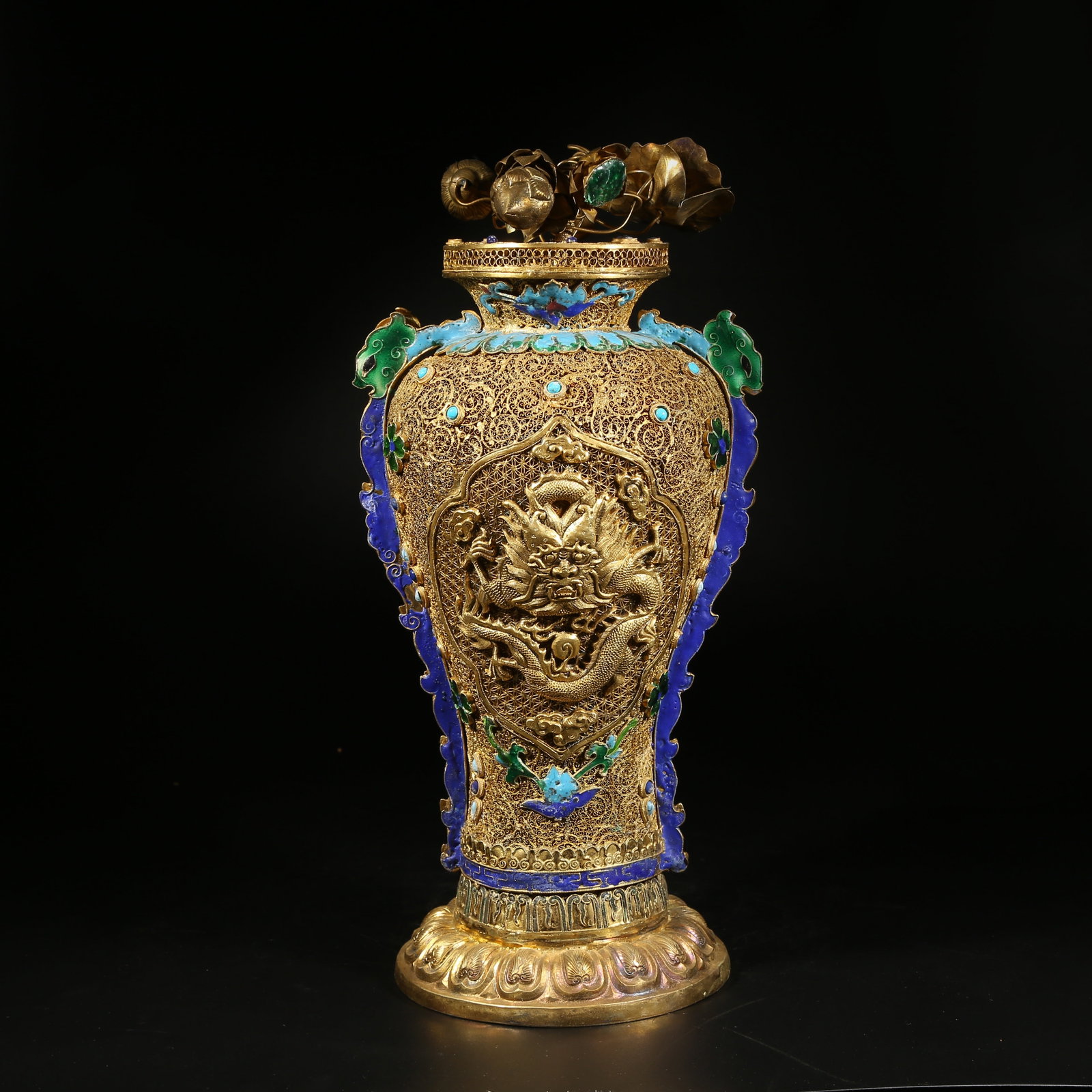 A GILT SILVER FILIGREE ENAMELLED VASE WITH DRAGON DESIGN: Gilt Silver Filigree Enamelled Vase with Dragon Design