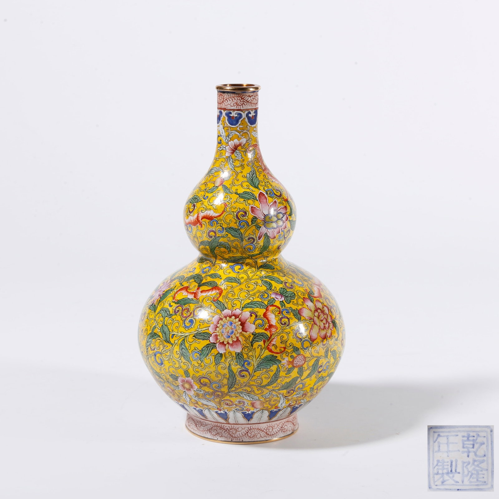 A CLOISONNE GOURD VASE WITH FLORAL AND FORTUNE CHARACTER PATTERN: Cloisonne Gourd Vase with Floral and Fortune Character Pattern