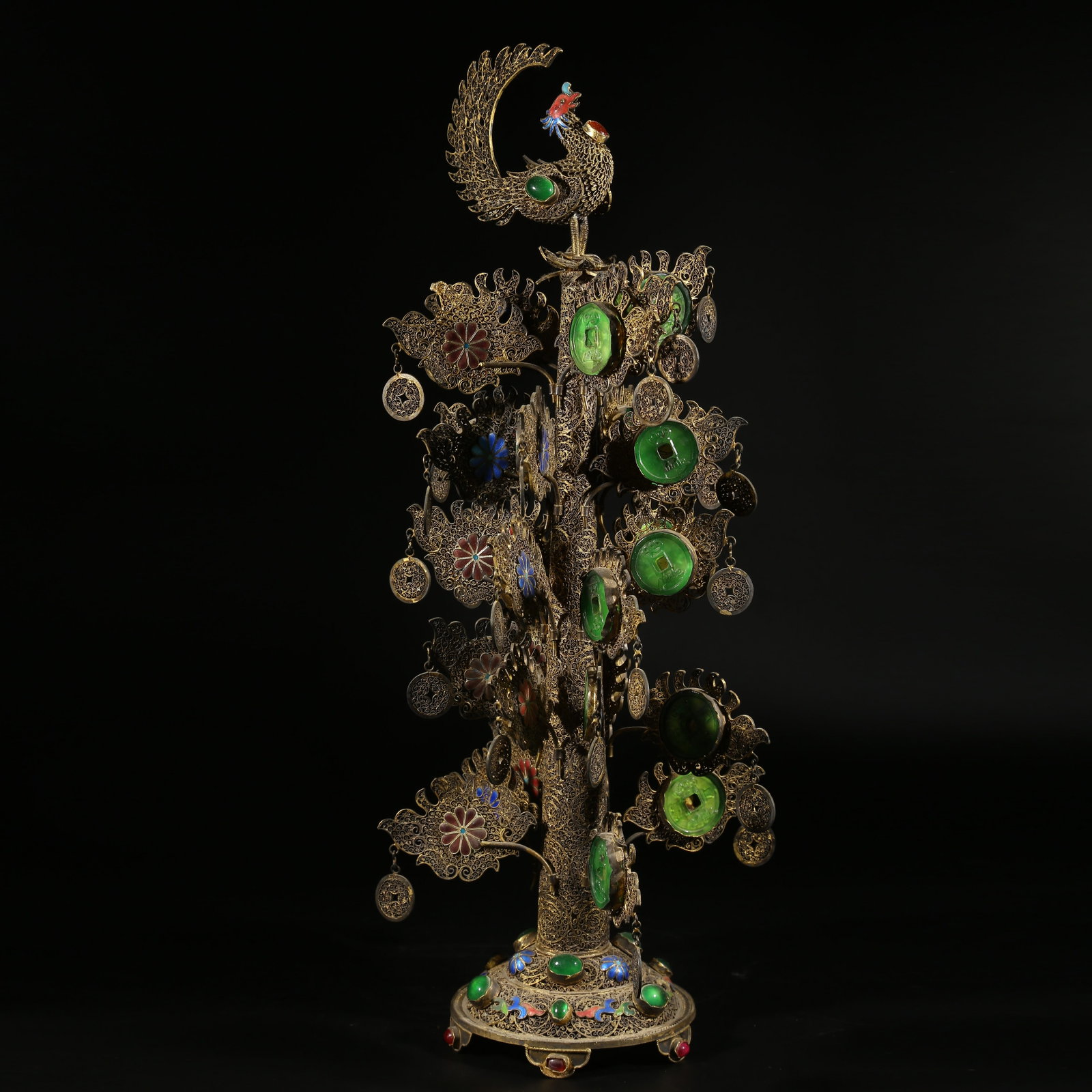 A GILT SILVER FILIGREE MONEY TREE INLAID WITH GEMSTONES: Gilt Silver Filigree Money Tree Inlaid with Gemstones