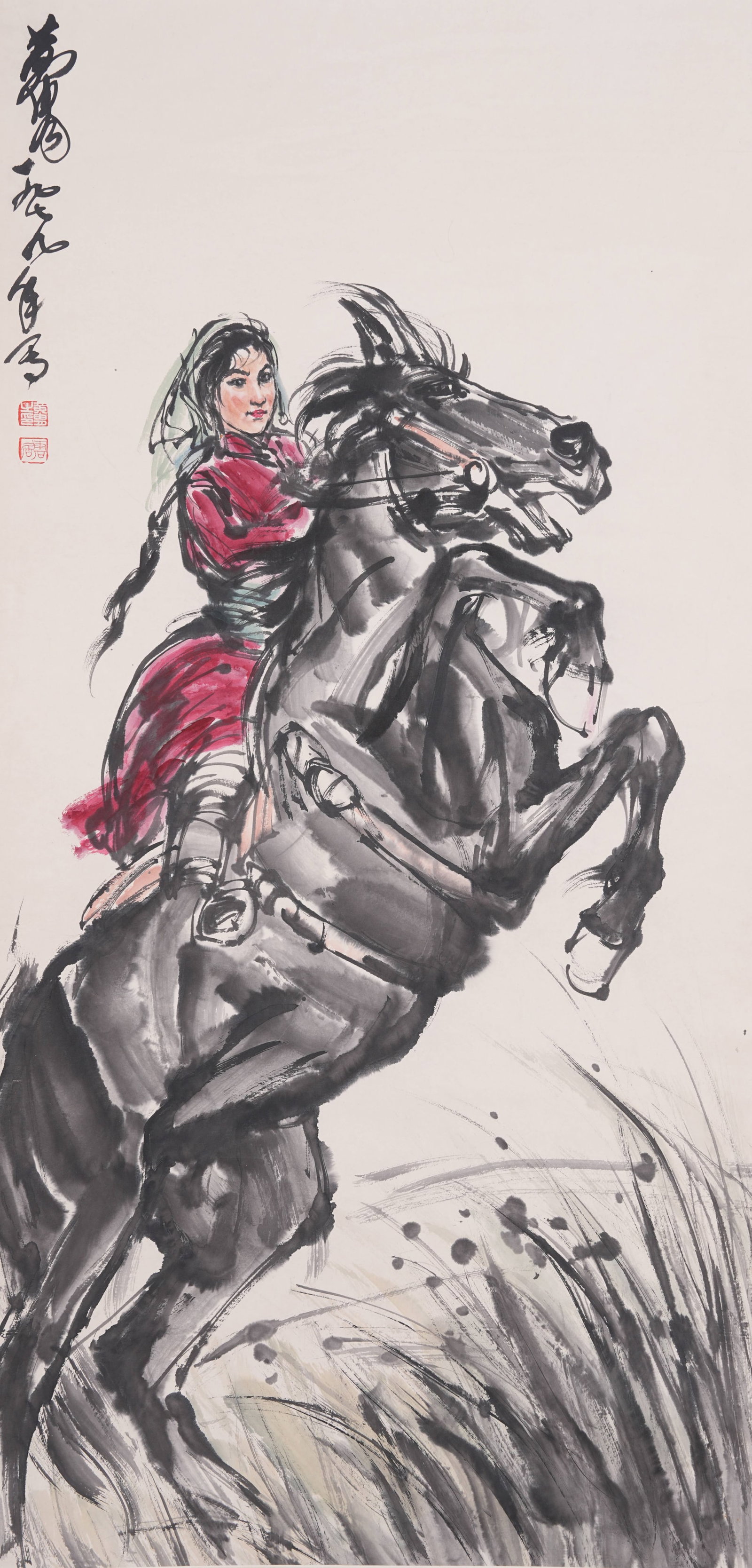 A FIGURE PAINTING ON PAPER BY HUANG ZHOU.黃胄: Figure Painting on Paper by Huang Zhou.黃胄