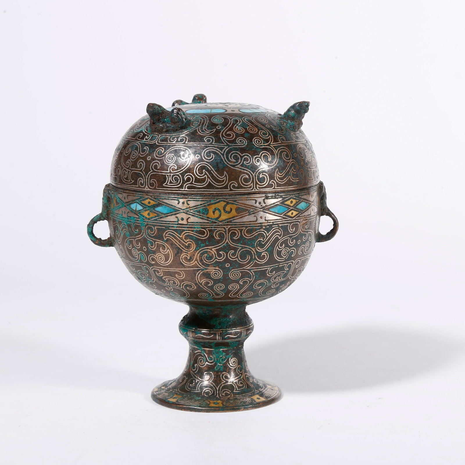 A BRONZE COVERED CENSER WITH GOLD AND SILVER INLAY: Bronze Covered Censer with Gold and Silver Inlay
