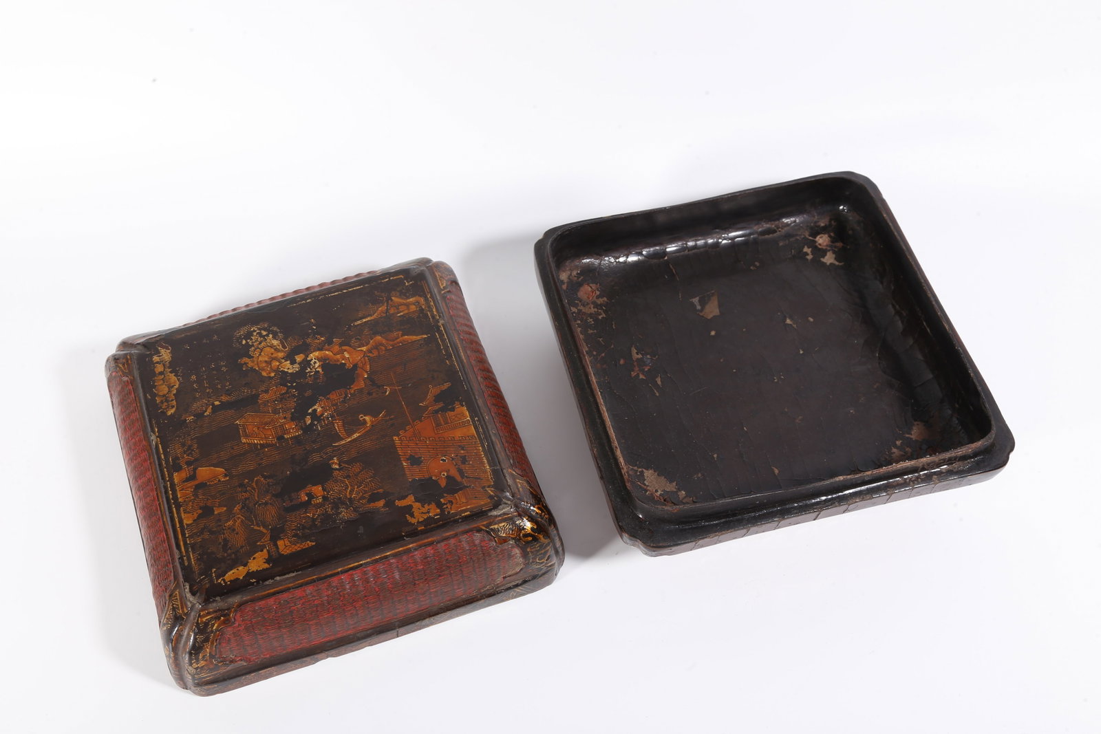 A GILT RAW LACQUER BOX WITH PAVILION PATTERN - 7