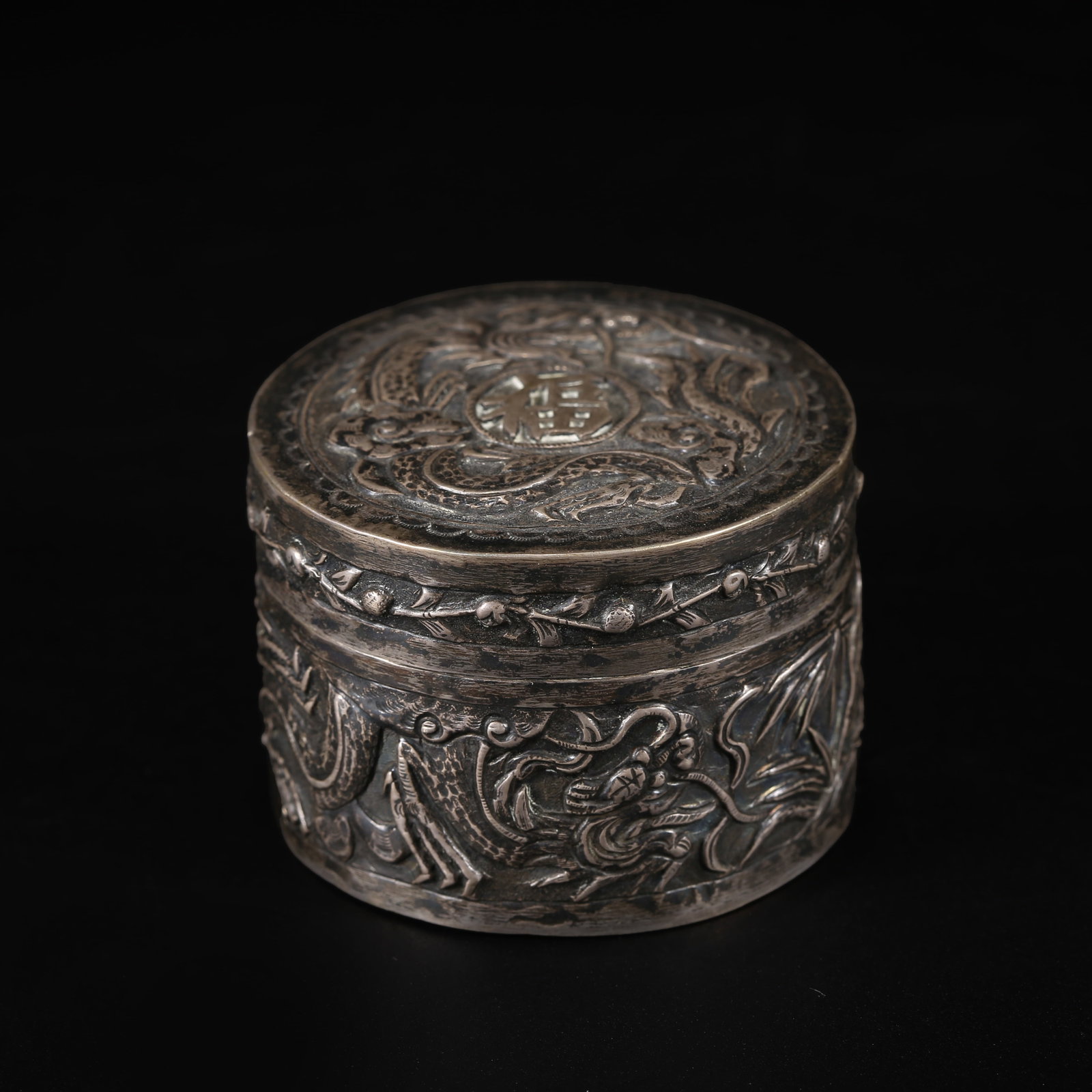 A SILVER COVERED BOX WITH GENTLEMAN AND DRAGON MOTIF (1 of 10)