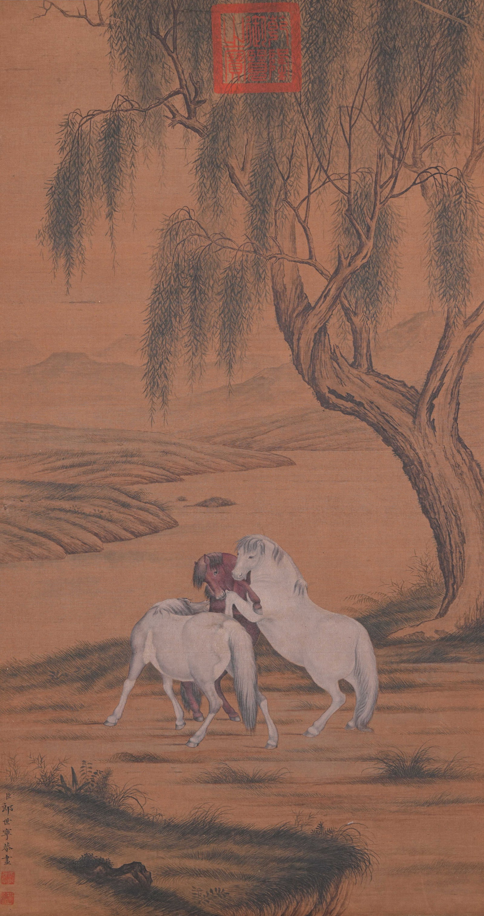 A FINE STEEDS PAINTING ON SILK BY GIUSEPPE CASTIGLIONE.郎世寧: Fine Steeds Painting on Silk by Giuseppe Castiglione.郎世寧