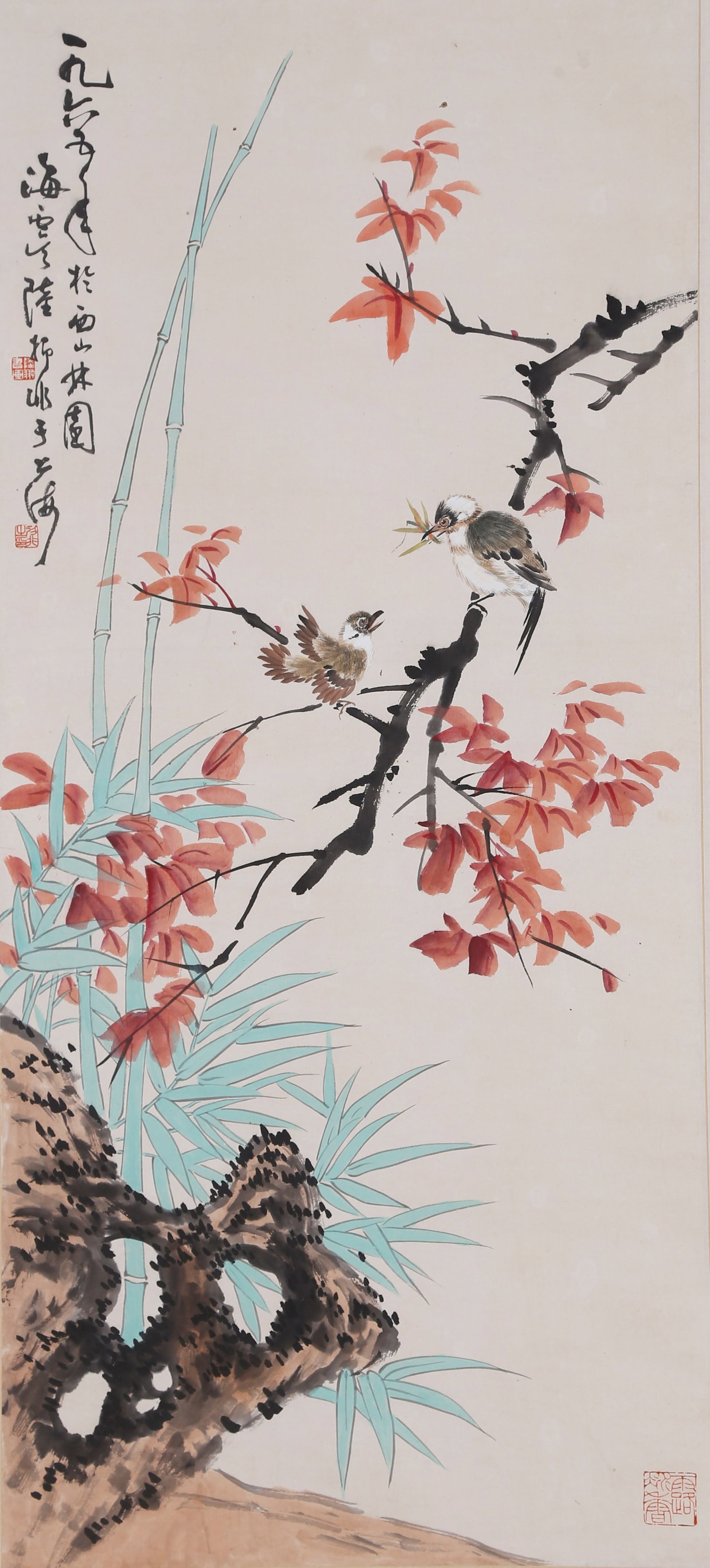 A FLOWER AND BIRD PAINTING ON PAPER BY LU YIFEI.陸抑非: Flower and Bird Painting on Paper by Lu Yifei.陸抑非