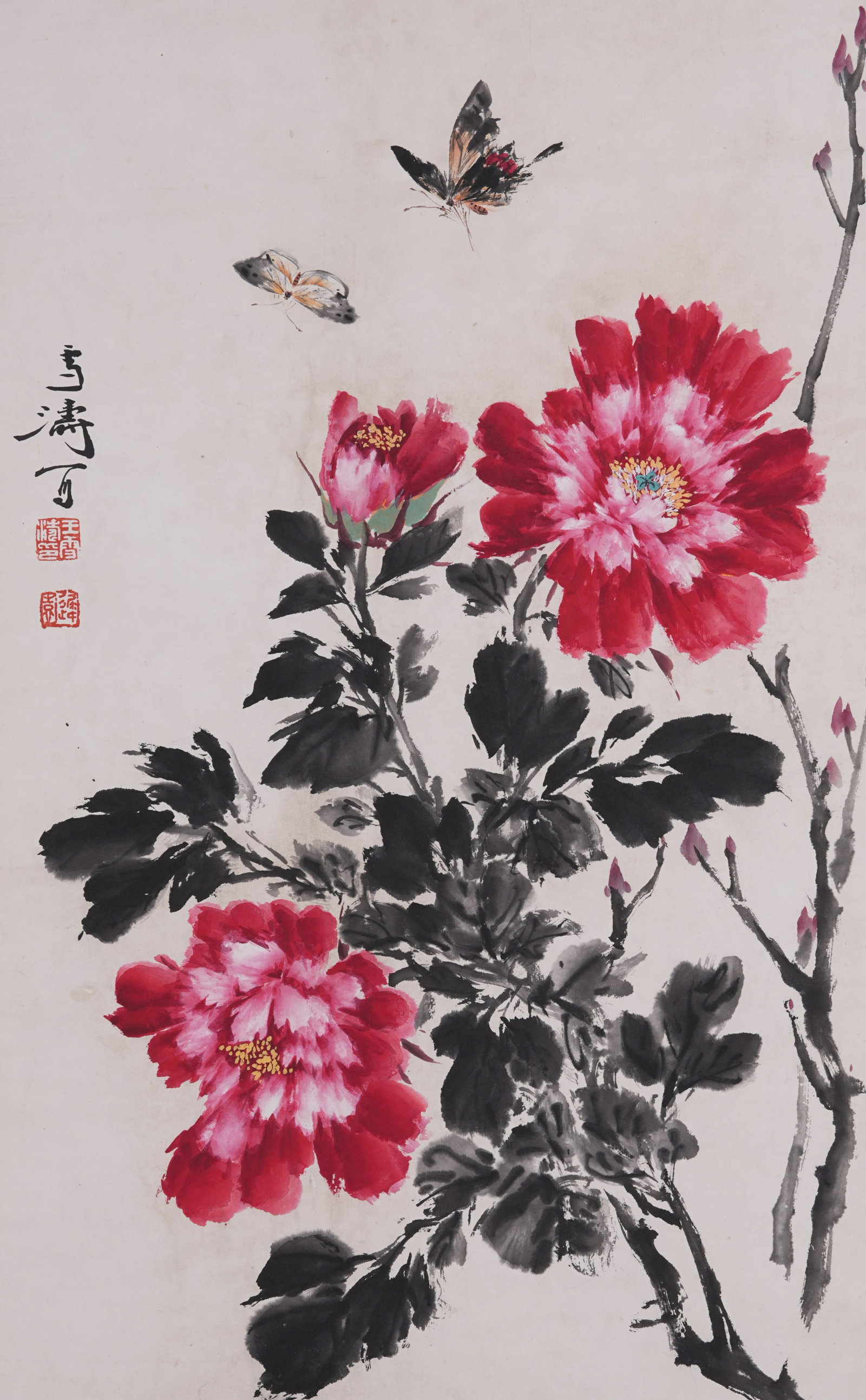 A FLOWER AND BUTTERFLY PAINTING ON PAPER BY WANG XUETAO.王雪濤: Flower and Butterfly Painting on Paper by Wang Xuetao.王雪濤