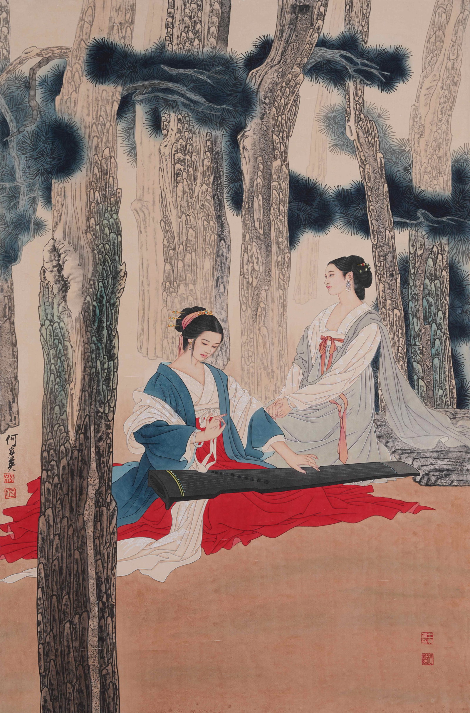 A FIGURE PAINTING ON SILK BY HE JIAYING.何家英: Figure Painting on Silk by He Jiaying.何家英