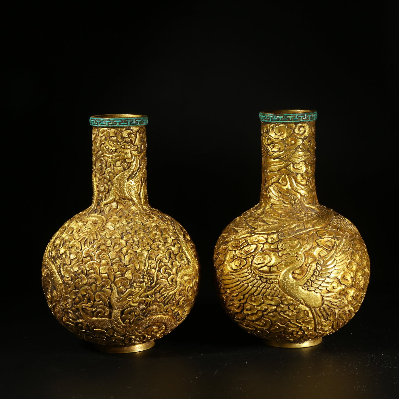 A GILT BRONZE CELESTIAL GLOBE VASE WITH DRAGON AND PHOENIX DESIGN SET: Gilt Bronze Celestial Globe Vase with Dragon and Phoenix Design Set