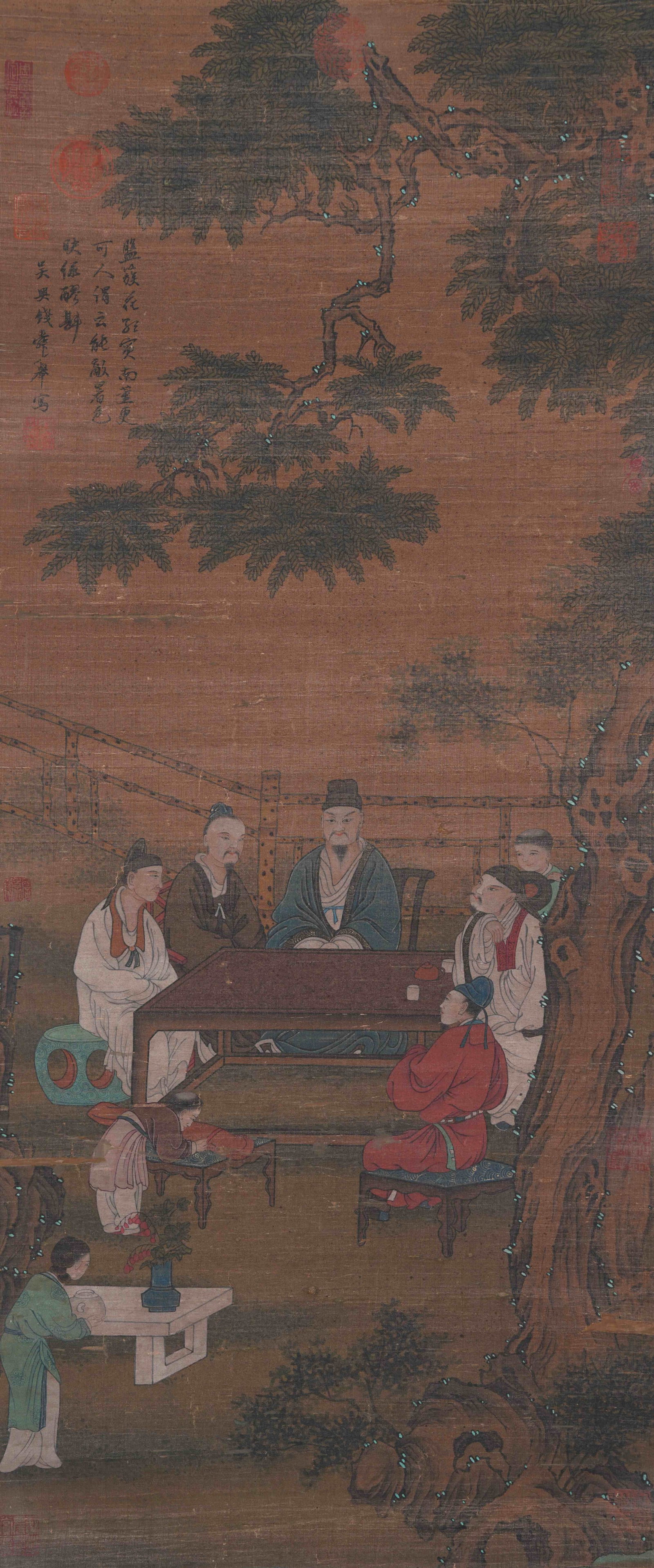 A FIGURE PAINTING ON SILK BY QIAN XUAN.錢選: Figure Painting on Silk by Qian Xuan.錢選