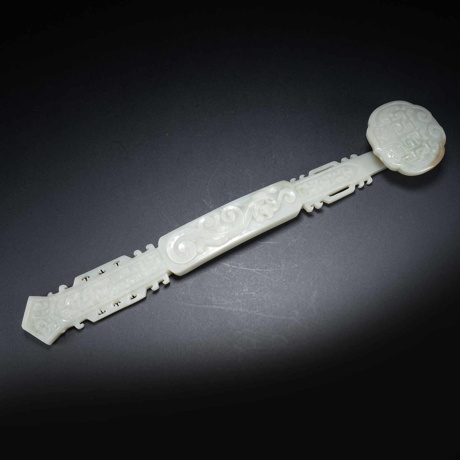 A HETIAN JADE RUYI WITH CHILONG AND BEAST MASK PATTERN: Hetian Jade Ruyi with Chilong and Beast Mask Pattern