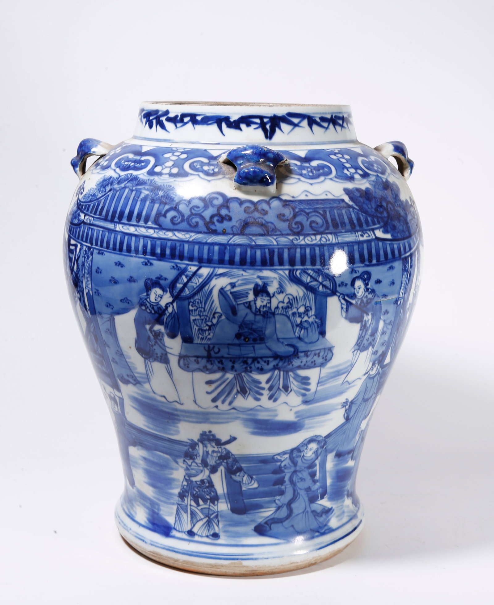 A BLUE AND WHITE JAR WITH FIGURE AND STORY PATTERNS: Blue and White Jar with Figure and Story Patterns