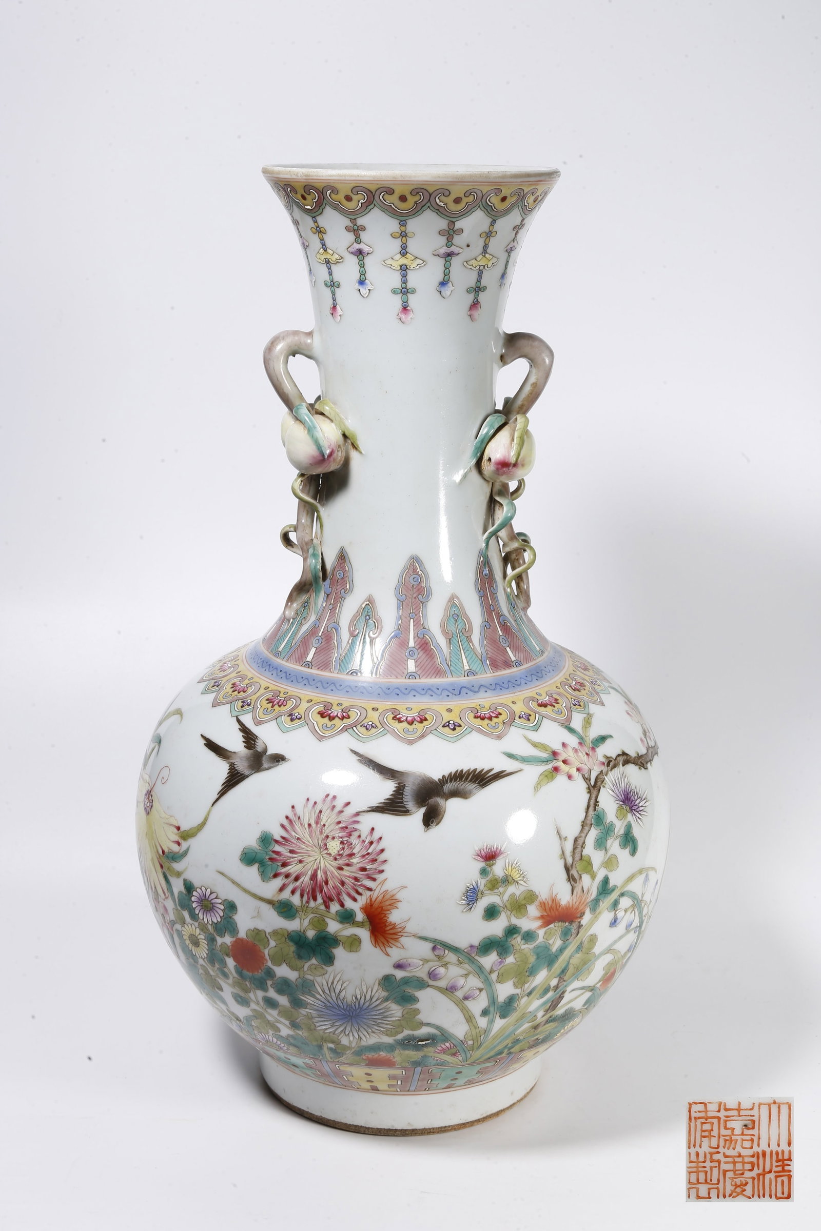 A FAMILLE ROSE DOUBLE-EARED VASE WITH FLOWER AND BIRD PATTERN: Famille Rose Double-eared Vase with Flower and Bird Pattern