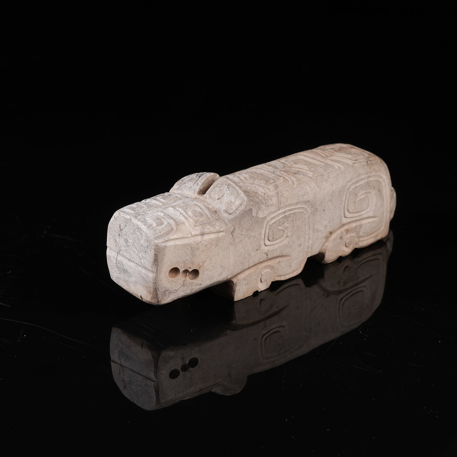 A ARCHAIC JADE RECUMBENT BEAST ORNAMENT: Archaic Jade Recumbent Beast Ornament