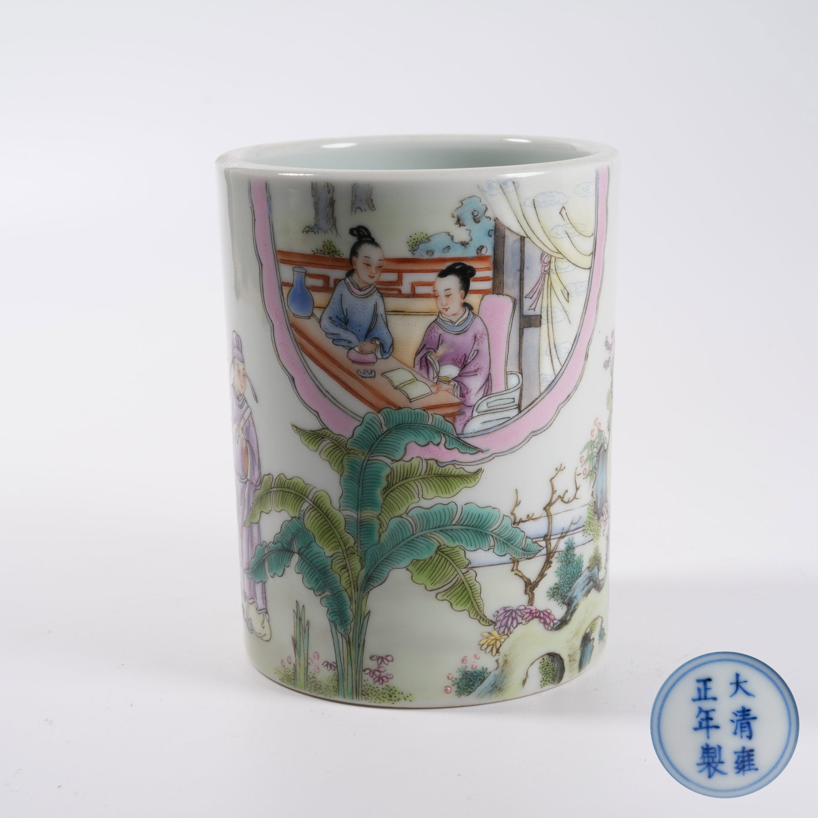 A FAMILLE ROSE BRUSH POT WITH FIGURE STORY PATTERN: Famille Rose Brush Pot with Figure Story Pattern