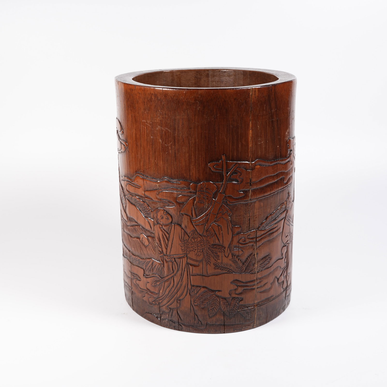A BAMBOO CARVED BRUSH POT WITH EIGHT IMMORTALS PATTERN: Bamboo Carved Brush Pot with Eight Immortals Pattern