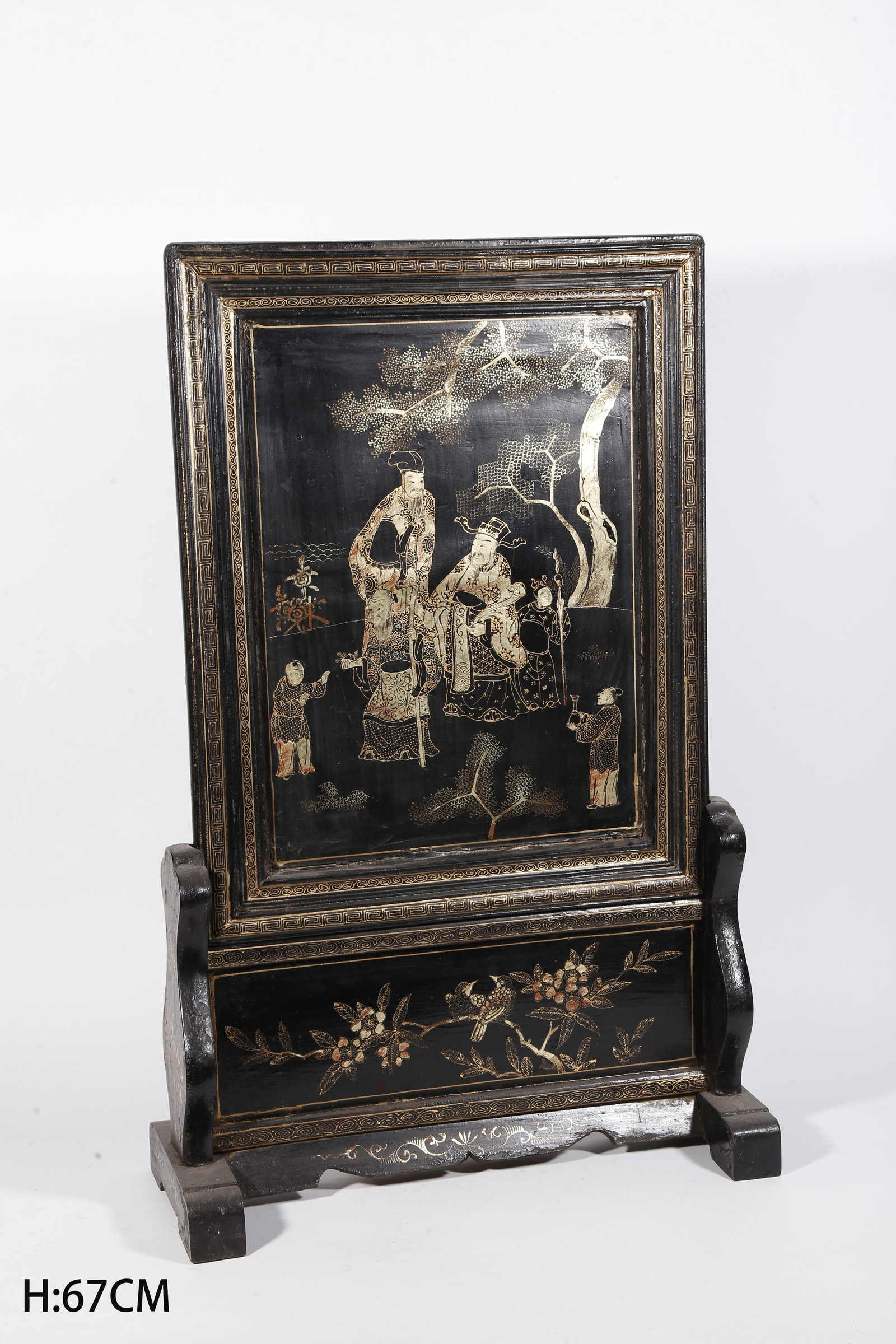 A GOLD-TRACED LACQUER TABLE SCREEN WITH FIGURE STORY PATTERN (1 of 10)
