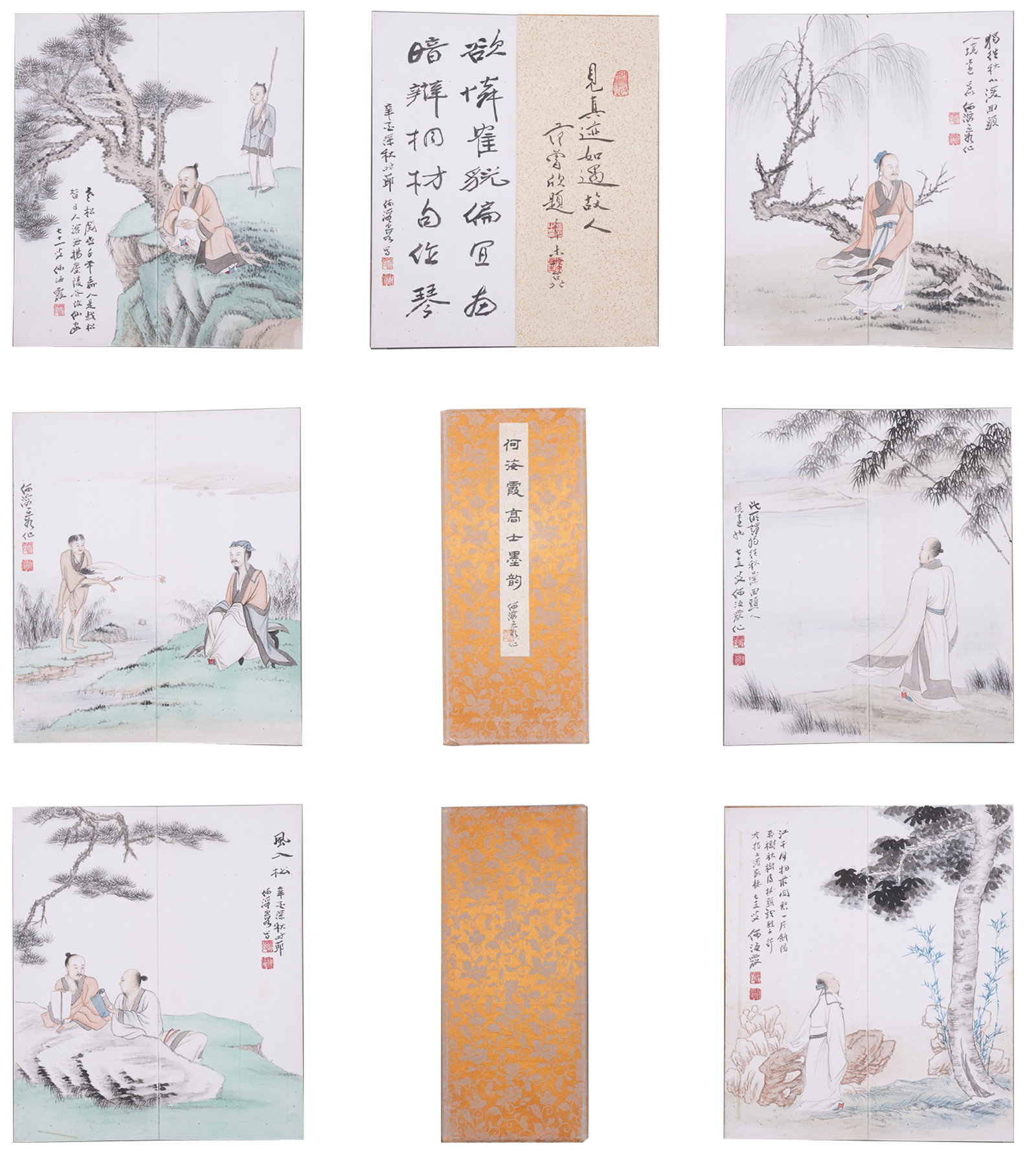 A ALBUM OF SCHOLAR PAINTINGS ON PAPER BY HE HAIXIA (6 LEAVES).何海霞: Album of Scholar Paintings on Paper by He Haixia (6 Leaves).何海霞
