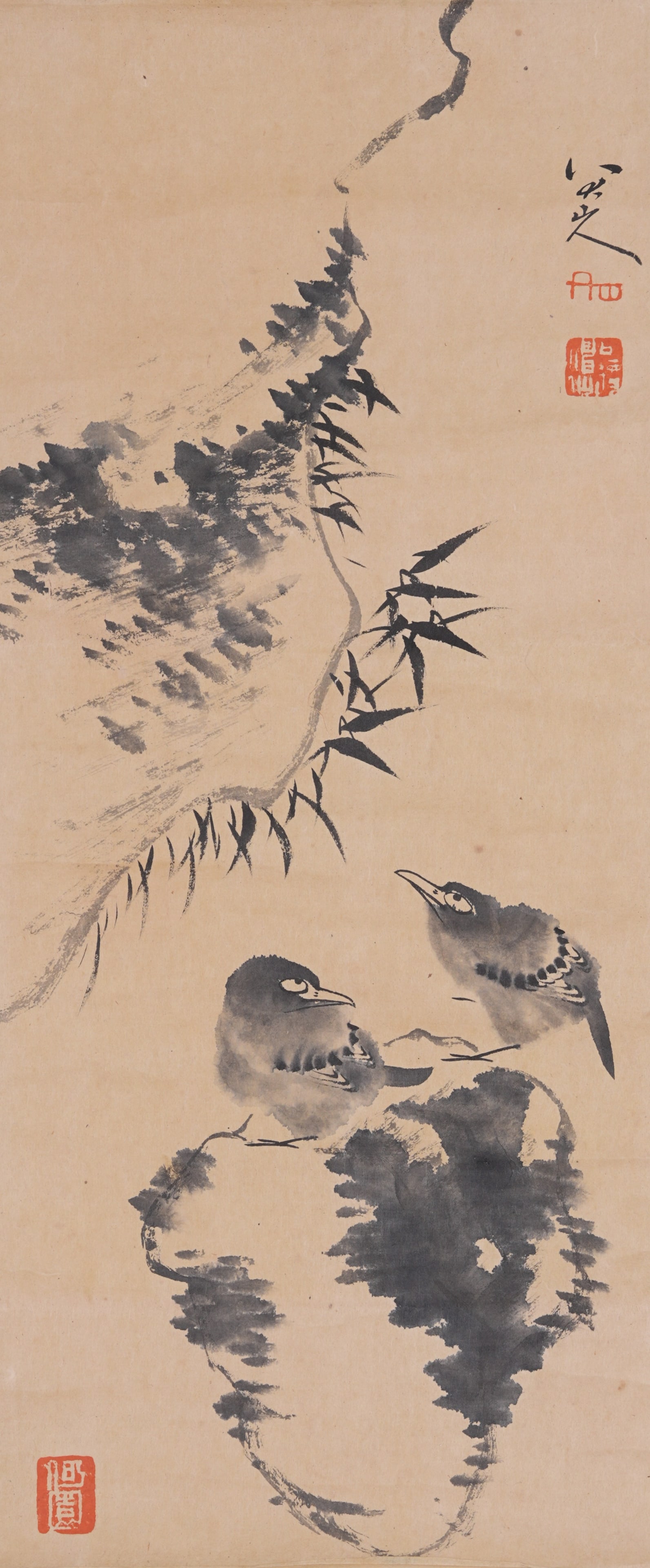 A BAMBOO AND BIRDS PAINTING ON PAPER BY BADA SHANREN.八大山人: Bamboo and Birds Painting on Paper by Bada Shanren.八大山人
