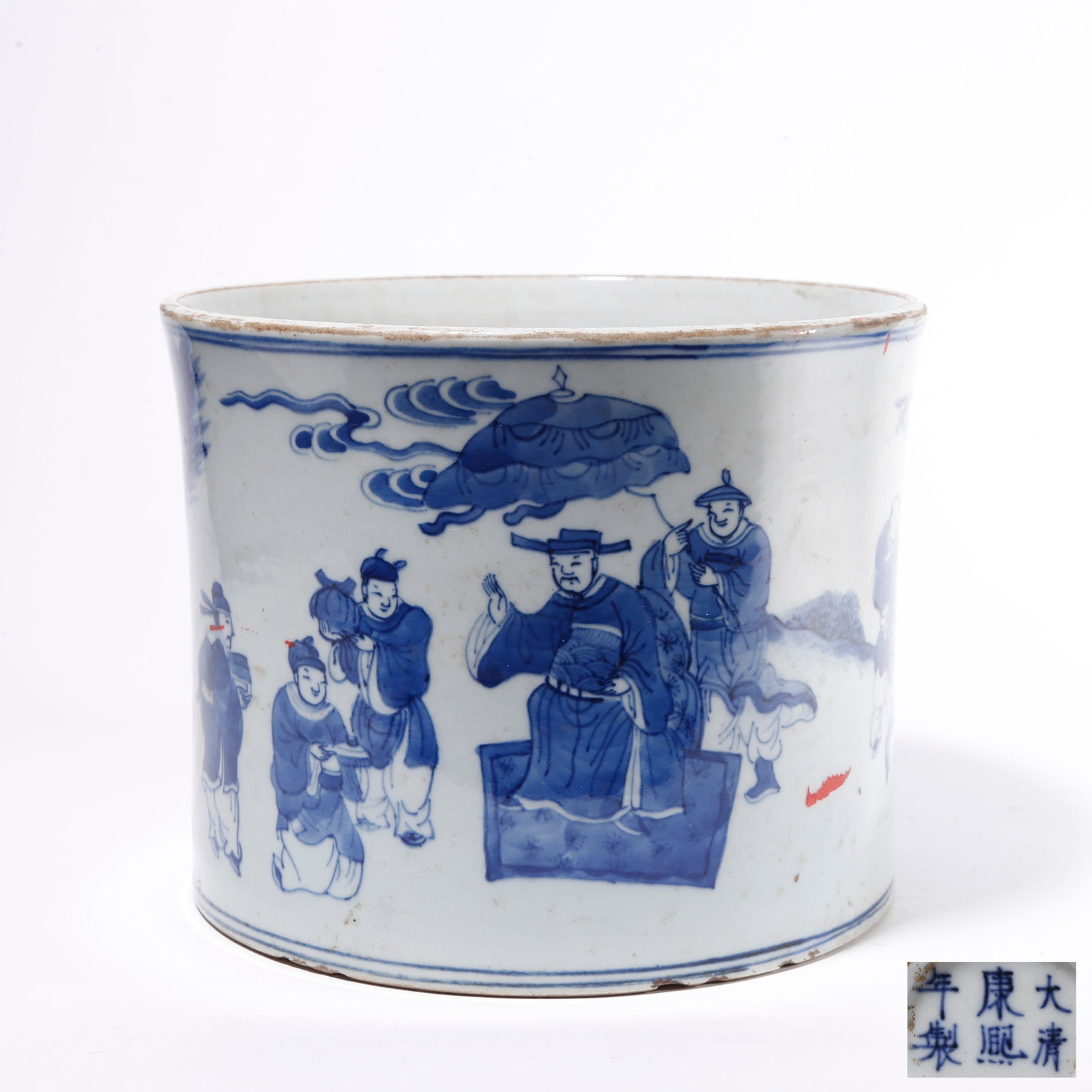 A BLUE AND WHITE BRUSH POT WITH FIGURE AND STORY PATTERNS: Blue and White Brush Pot with Figure and Story Patterns