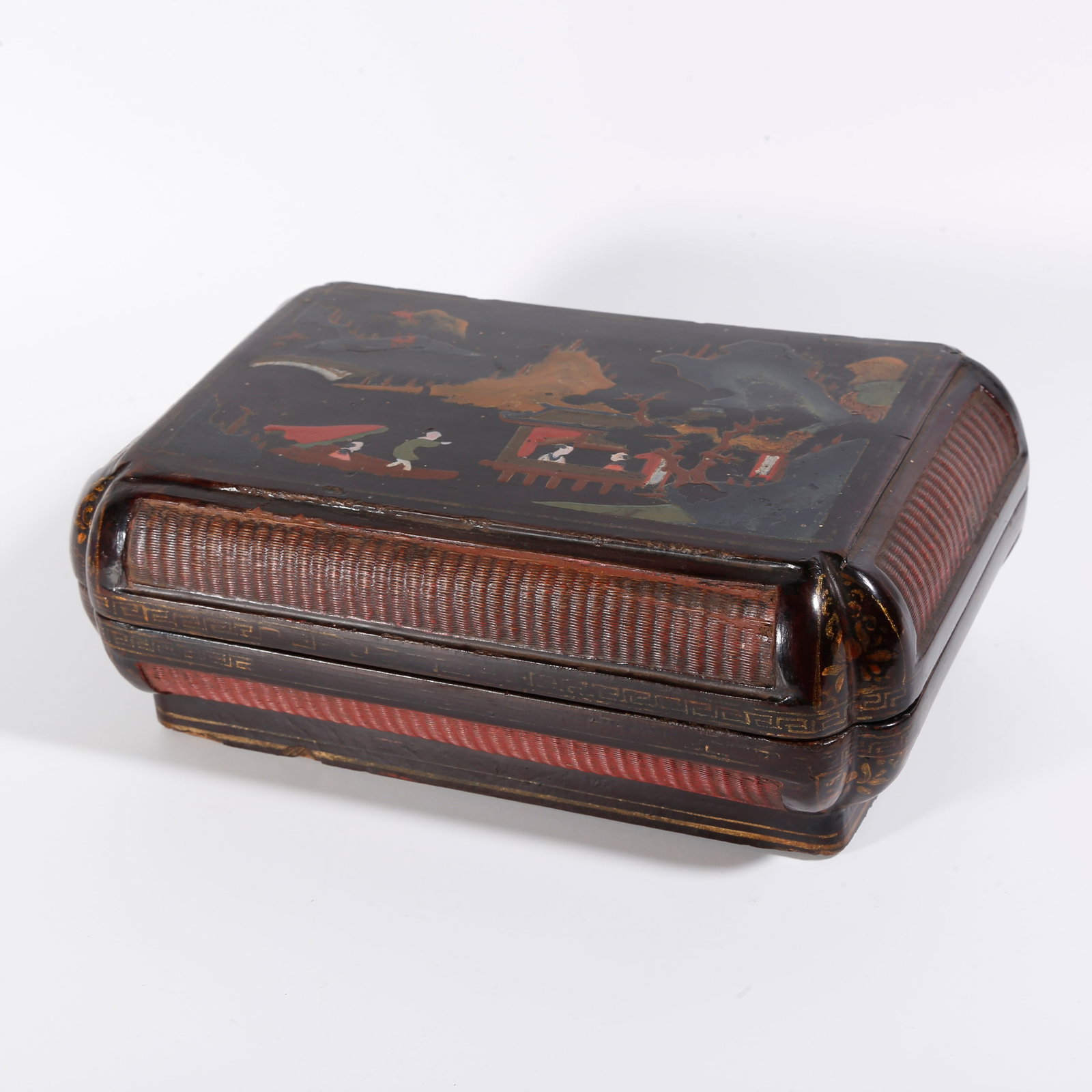 A PAINTED RAW LACQUER BOX WITH LANDSCAPE AND FIGURE PATTERN: Painted Raw Lacquer Box with Landscape and Figure Pattern