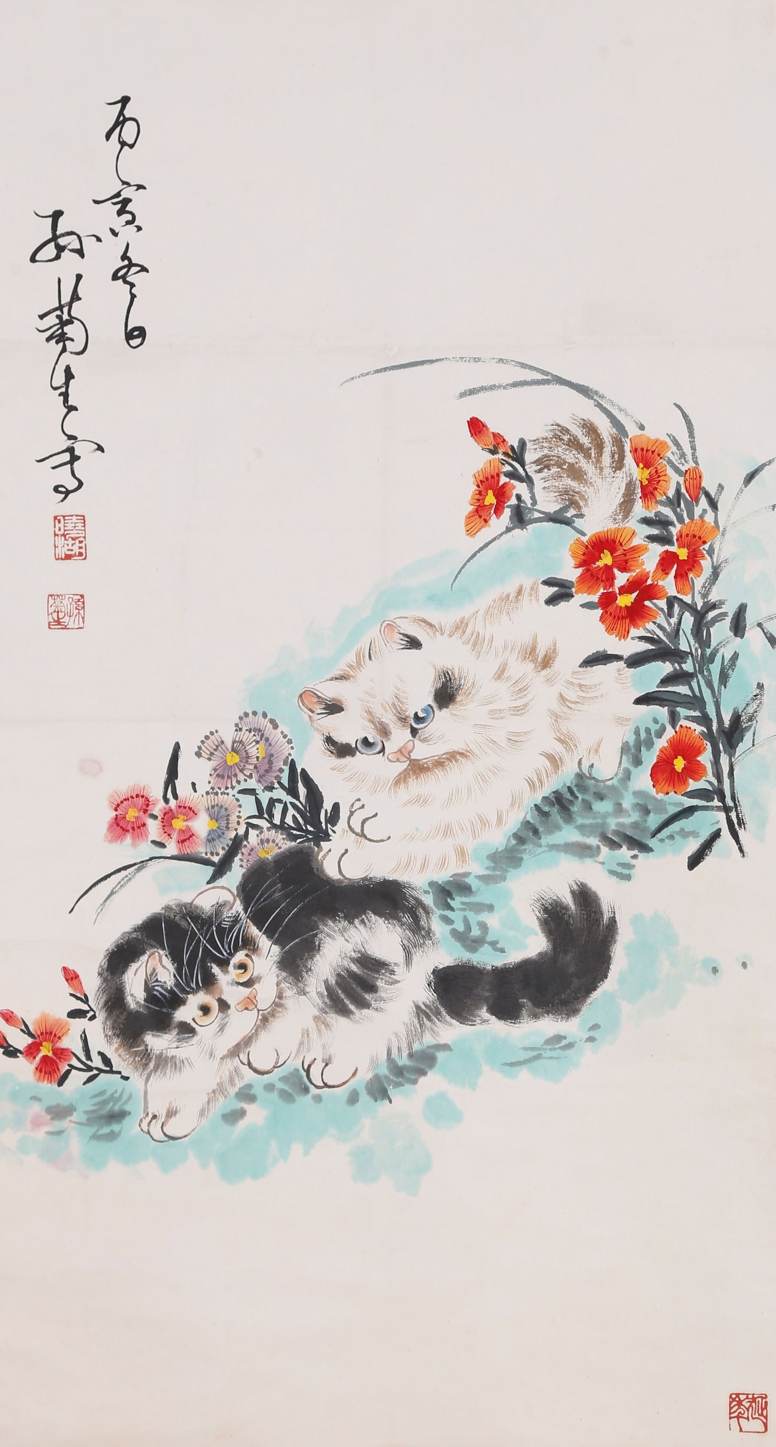 A CAT FUN PAINTING ON PAPER BY SUN JUSHENG.孫菊生: Cat Fun Painting on Paper by Sun Jusheng.孫菊生