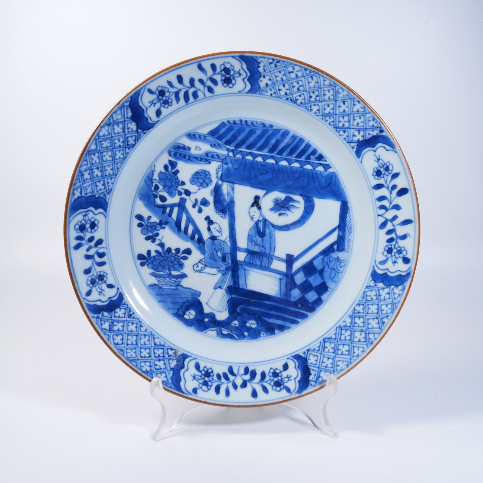 A BLUE AND WHITE PLATE WITH FIGURE AND STORY PATTERN: Blue and White Plate with Figure and Story Pattern