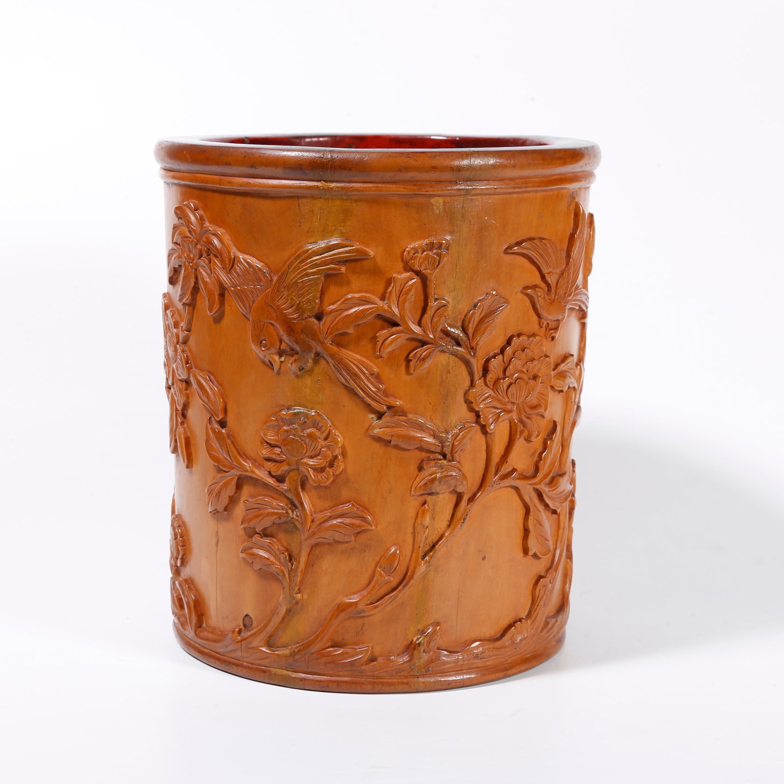 A BAMBOO CARVED BRUSH POT WITH FLOWER AND BIRD PATTERN: Bamboo Carved Brush Pot with Flower and Bird Pattern
