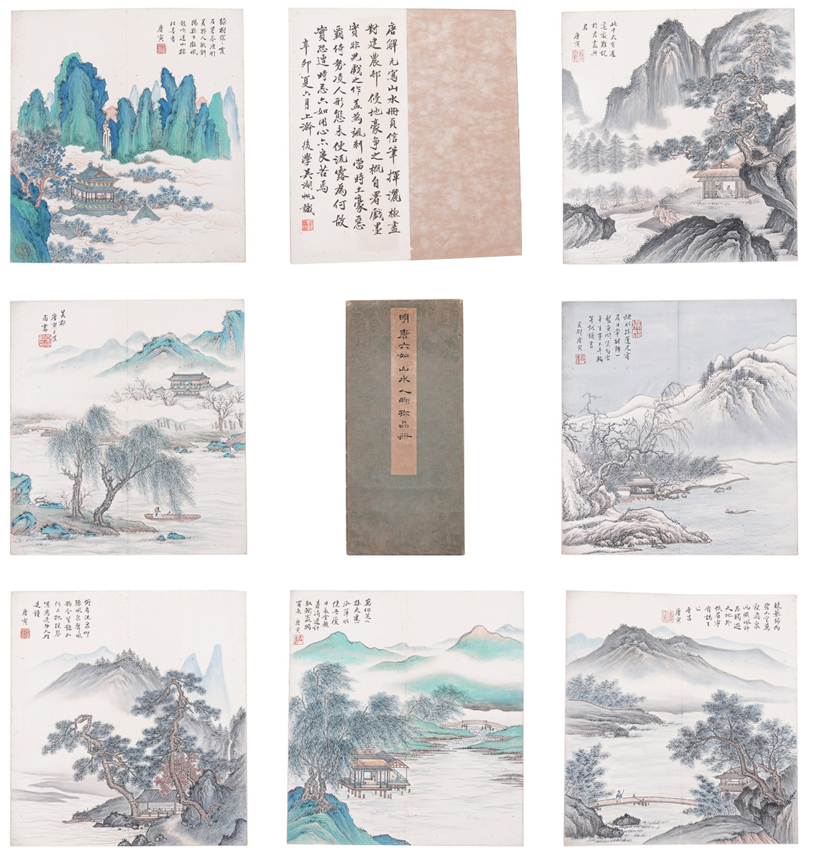 A ALBUM OF TWELVE LANDSCAPE AND FIGURE PAINTINGS ON PAPER BY TANG BOHU.唐伯虎 (1 of 16)